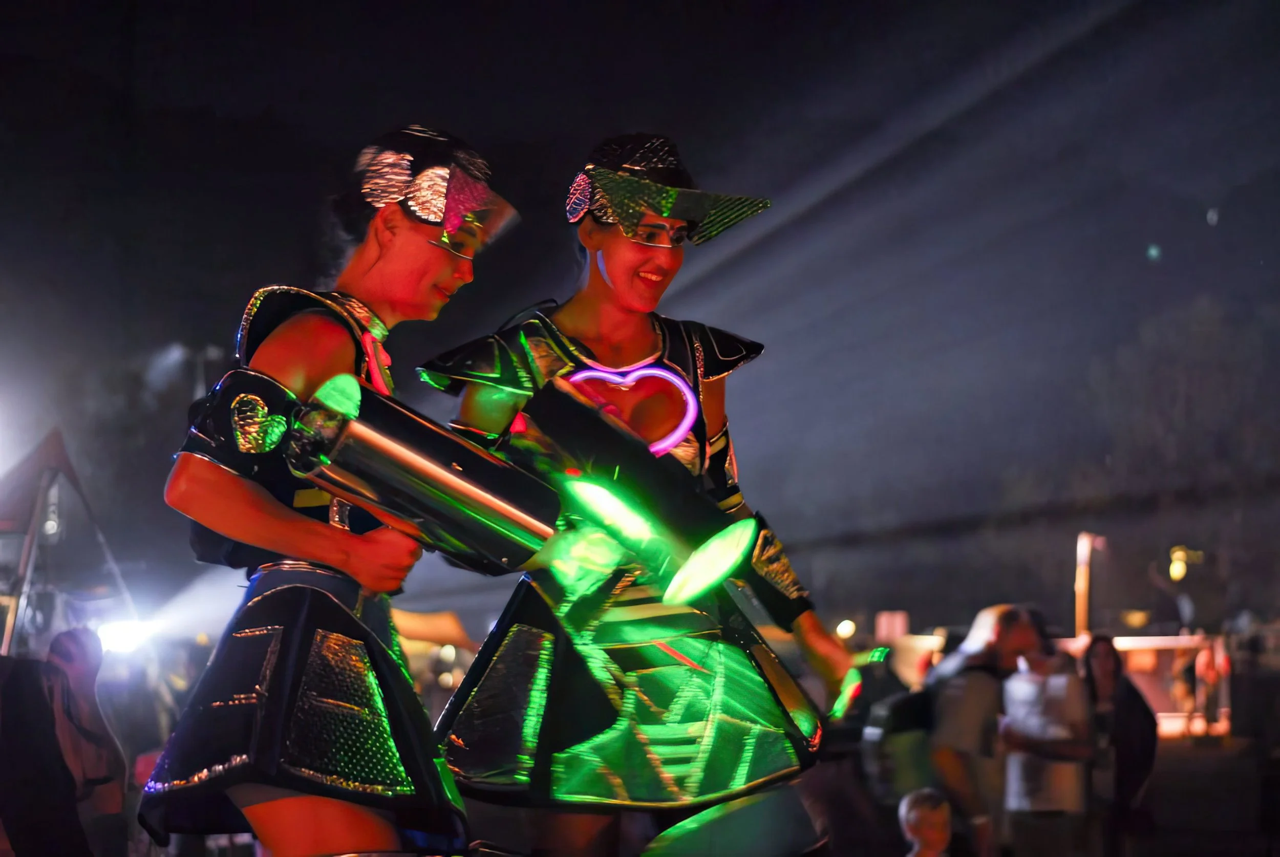 Illuminated LED futuristic, robot, cosmic stilts walker costumes, corporate event, community event, festival, entertainment Brisbane, Bribie Island