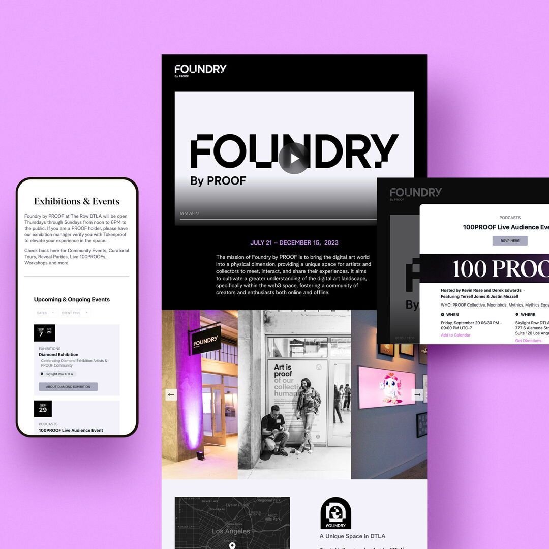 I've been working on brand assets and event swag for a fun and groundbreaking NFT client, @PROOFxyz for two years and I almost never take the time to share what we're up to. So here's a web landing page I designed for their new IRL Los Angeles galler