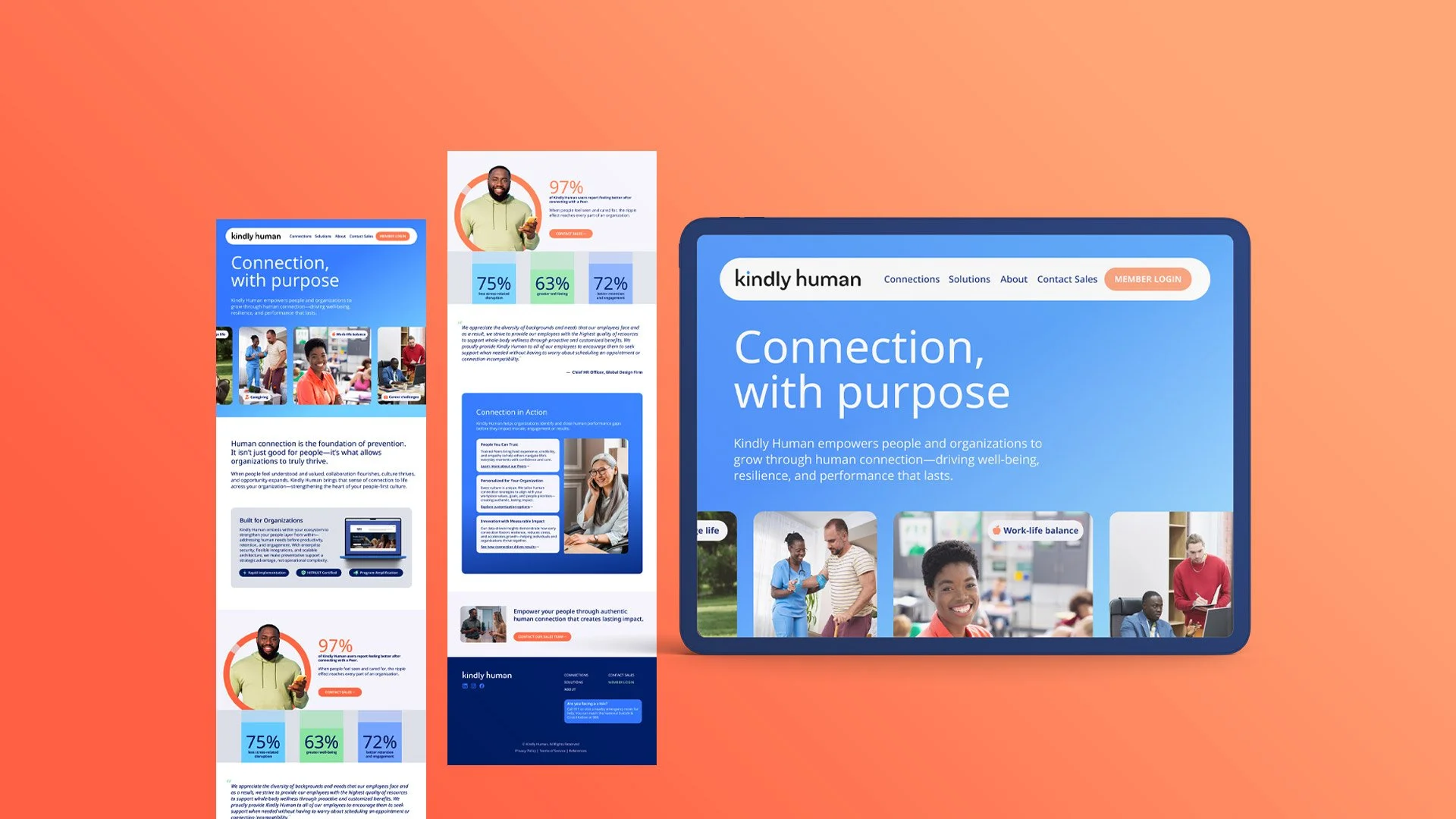 KindlyHuman.com website design with full page screenshots and tablet homepage view