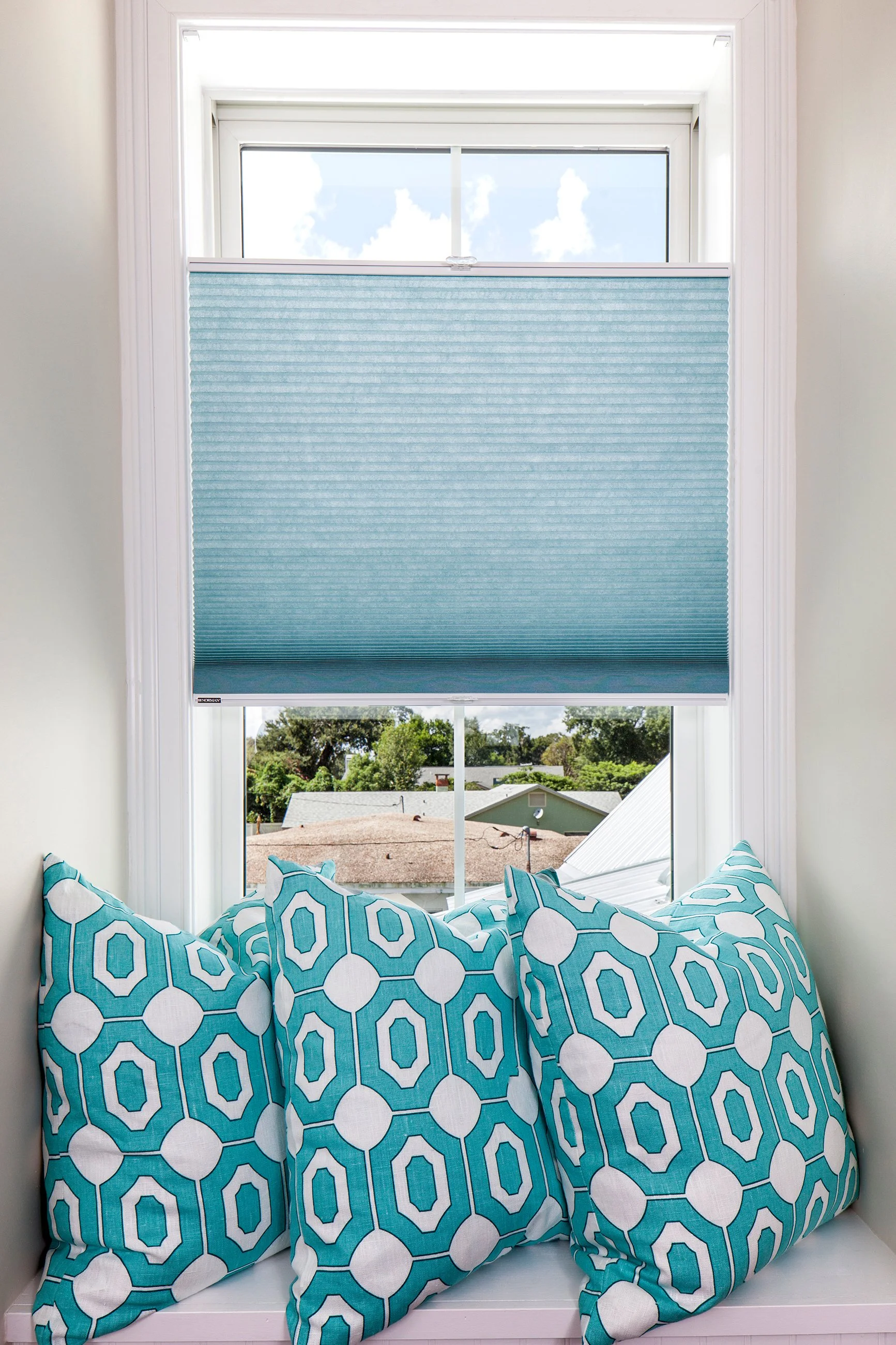 blue cellular blinds in window