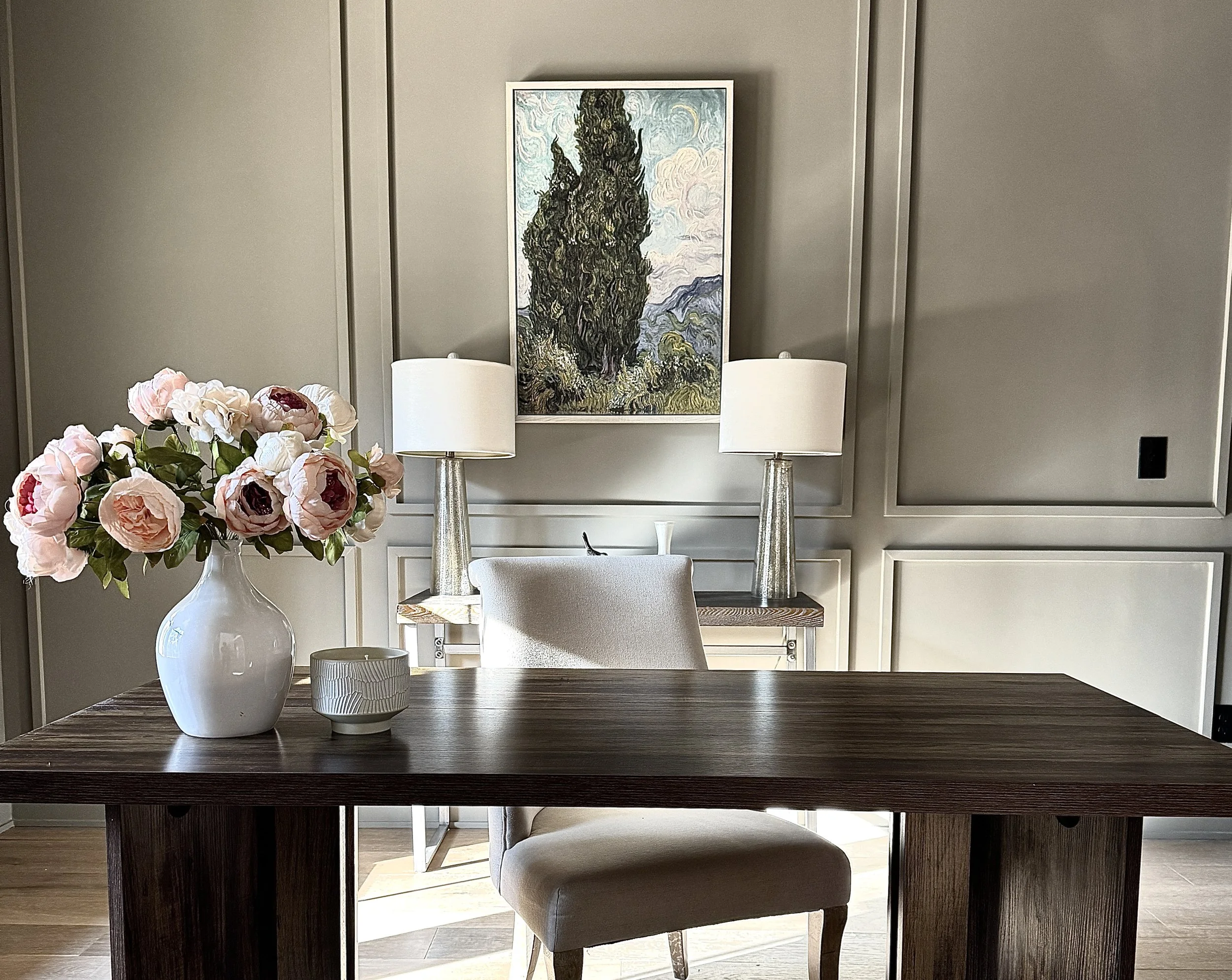 Custom builder home staging in Lake Norman featuring a modern, cozy and elegant home office