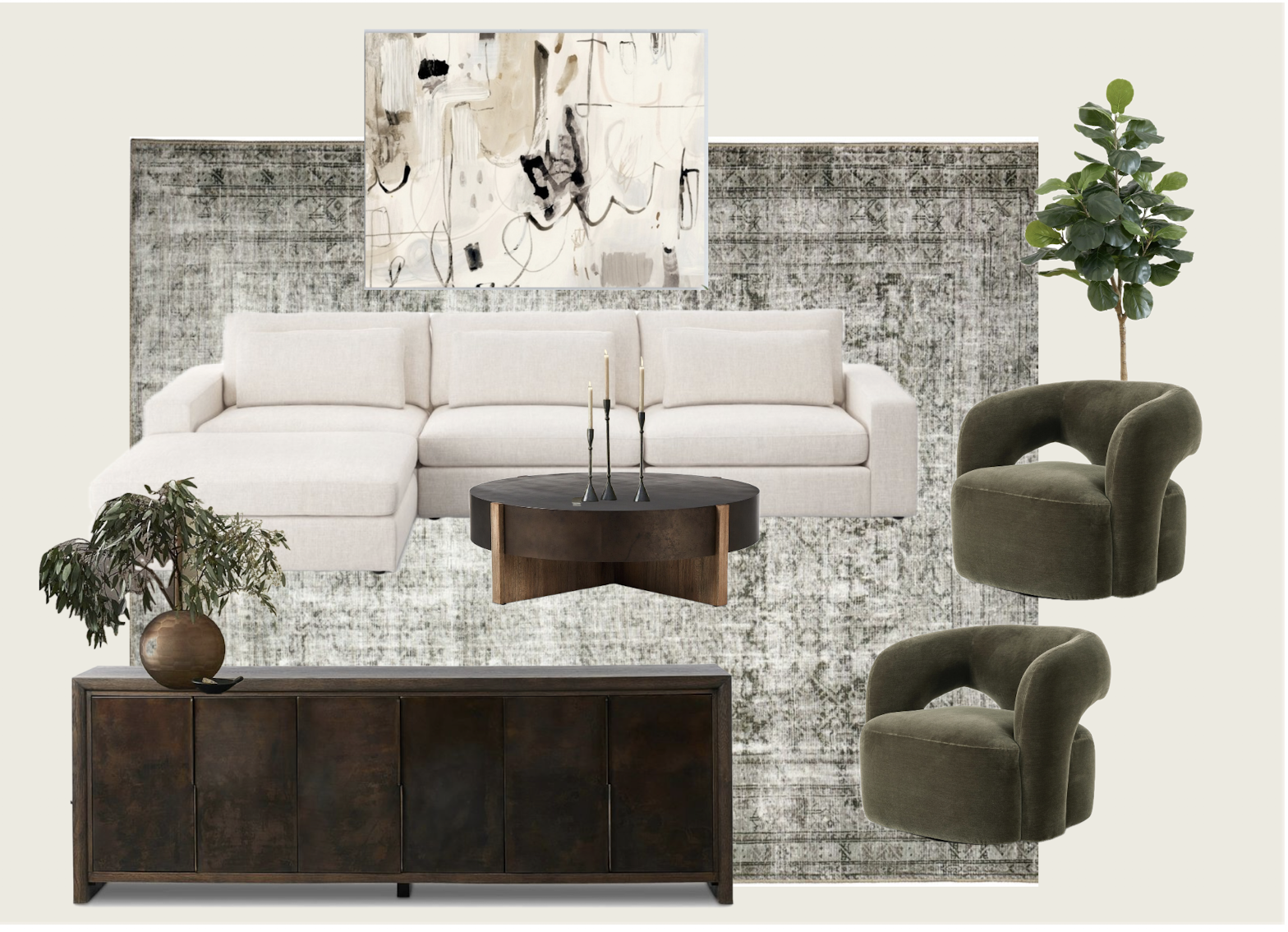 A modern living room with a light-colored sofa, dark round coffee table with candles, two green velvet chairs, a wooden cabinet with a potted plant, a large abstract painting, and a textured rug.