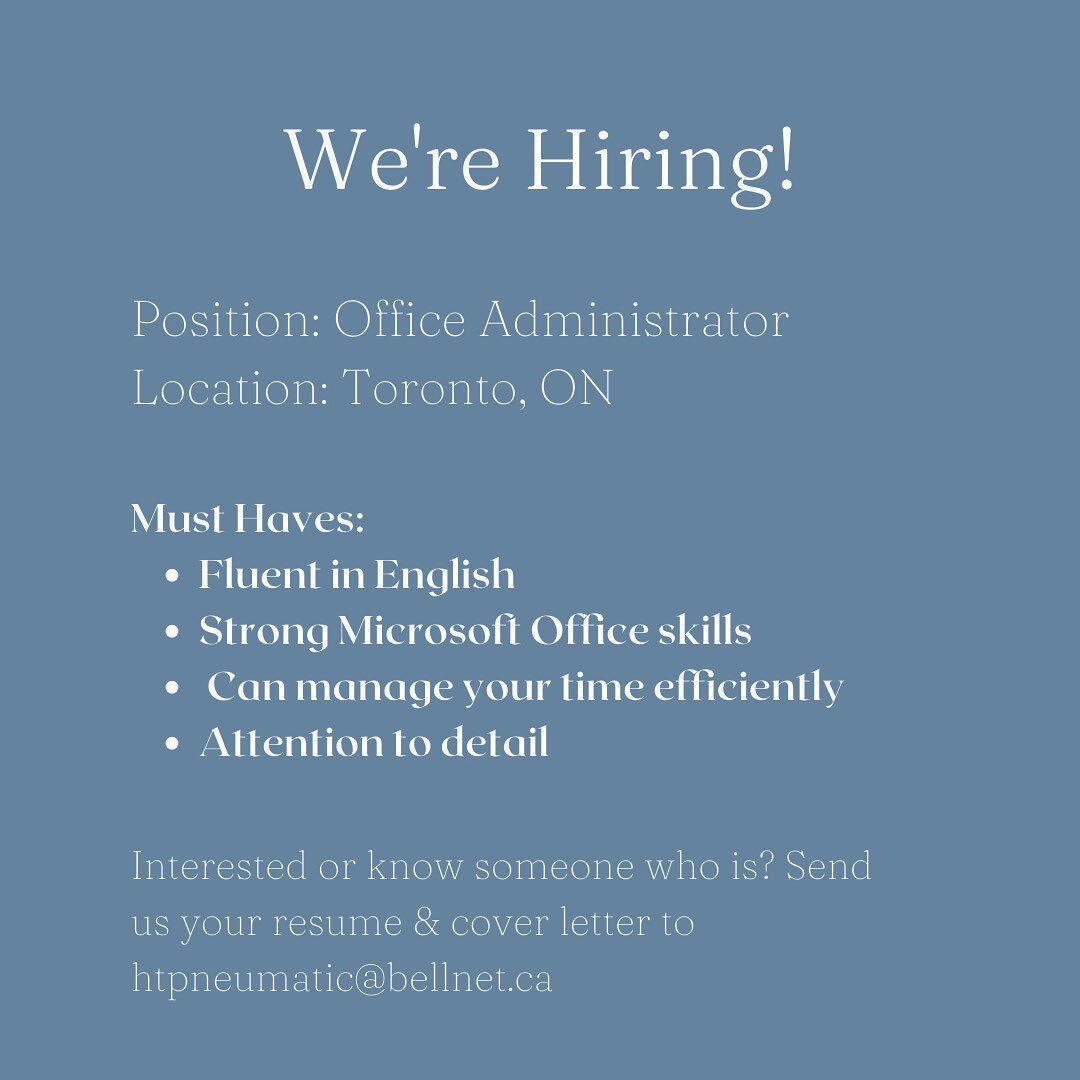 We&rsquo;re #hiring 

We are looking for an Office Administrator to work at @htpneumaticrebuildersinc in Toronto! 

Interested? Send us a dm to learn more 😊 

.
.
.
#hiringnow #officeadministrator #newjob #jobalert #jobopportunity