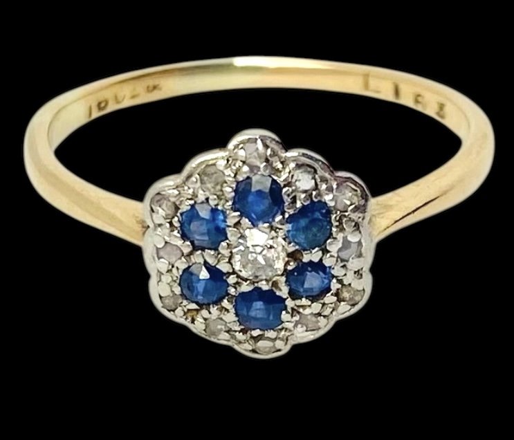 Antique Edwardian 18ct Gold, Platinum, Sapphire and Diamond Flower Cluster Ring