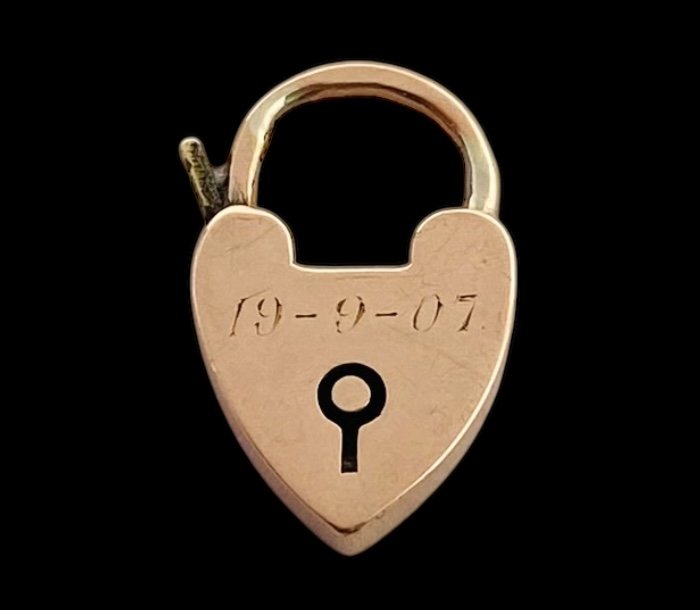 Unique Antique Edwardian 9ct Rose Gold Heart Padlock Charm (With Inscription for 1907)