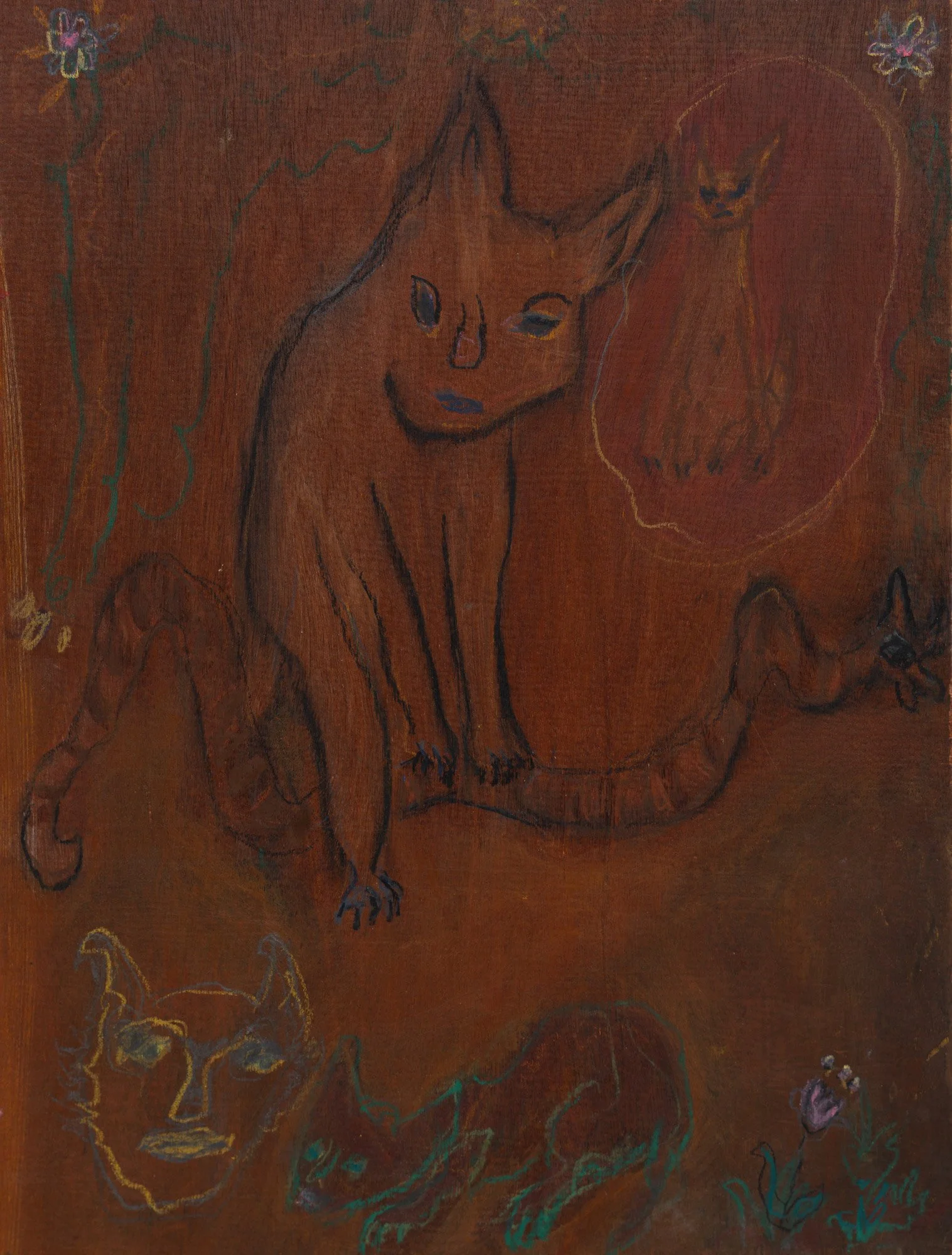 Caterwauling, 2025
Charcoal and oil pastel on wooden panel
40 x 30 cm