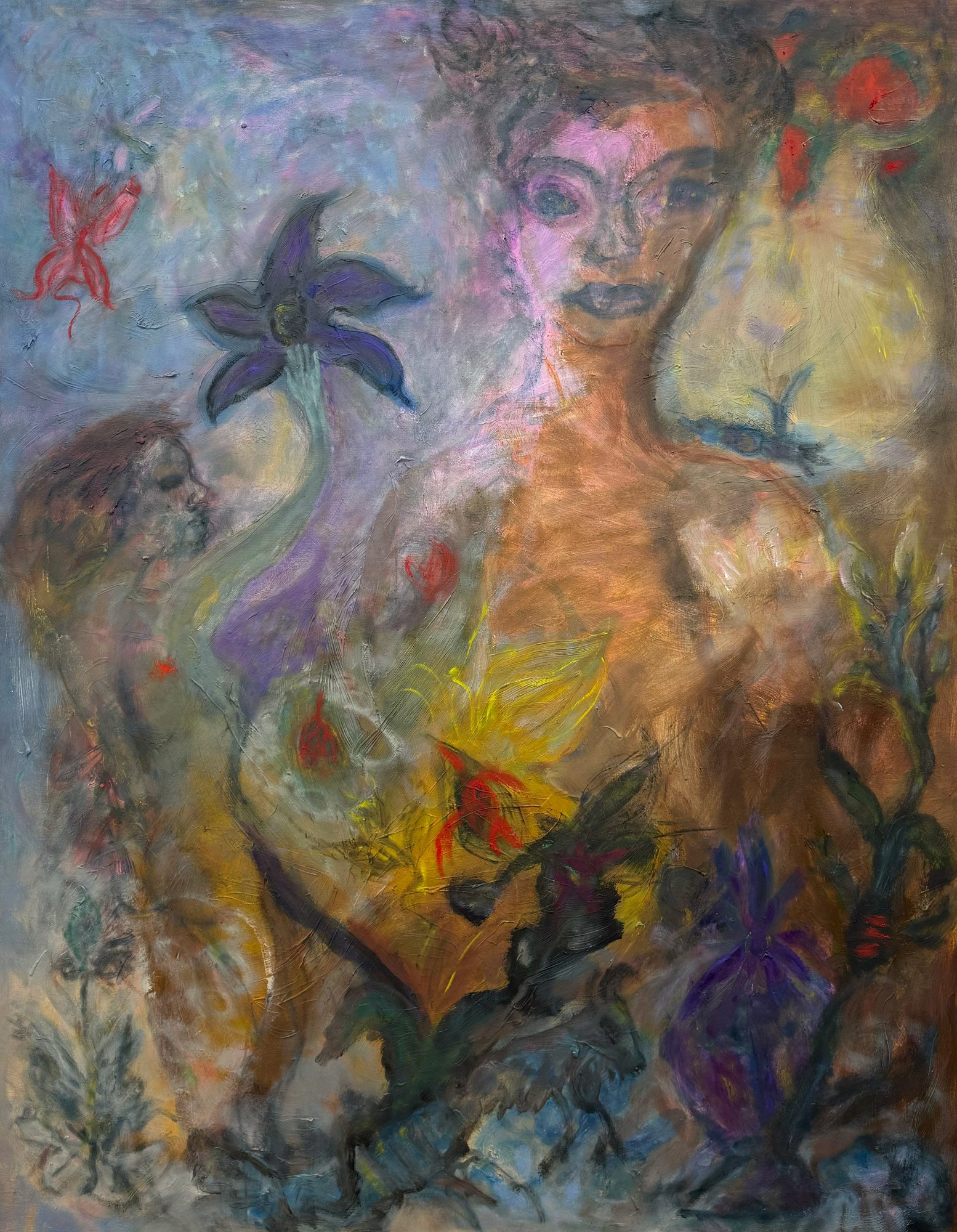 Our Lady of the Flowers with Handmaiden Singing our Spell Songs, 2025
Oil on canvas 
137.5 x 107 cm