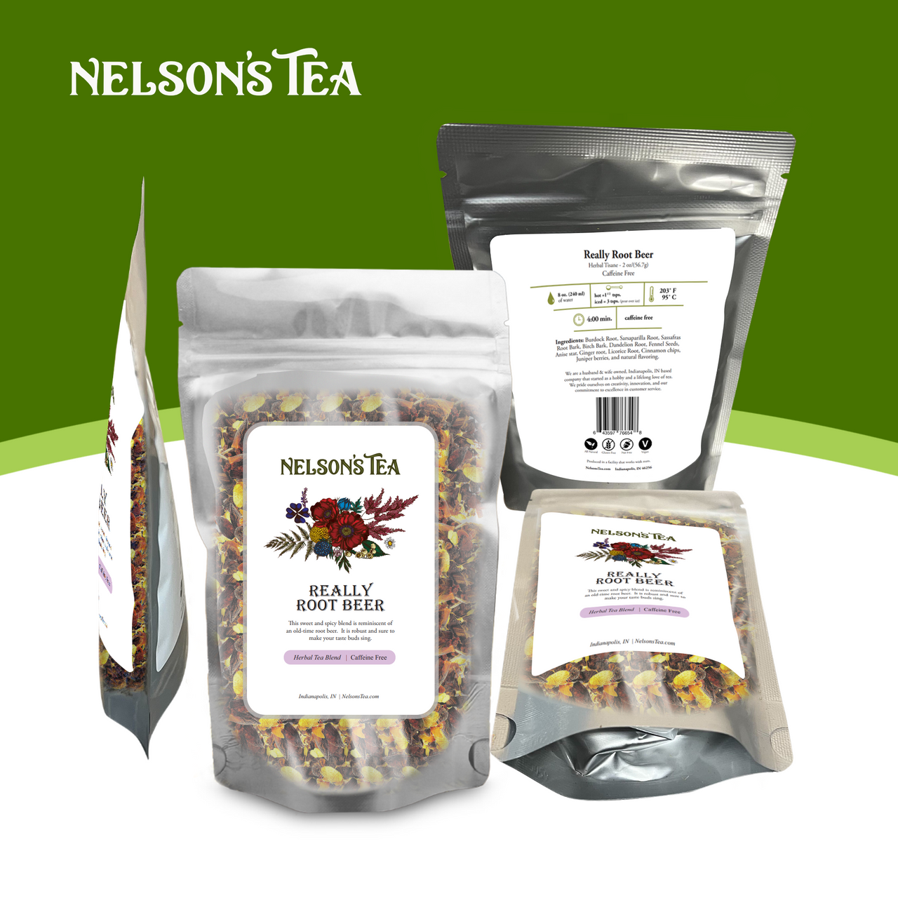 Packages of Nelson's Tea, herbal tea blends called Renovating Root Beer, arranged on a white surface with a green background. The packages feature floral and root ingredients on their labels.