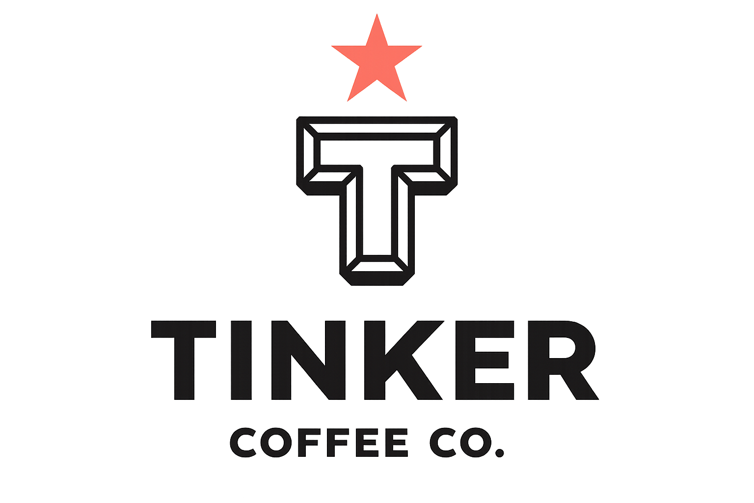 Tinker Coffee Co. logo with a stylized letter T and a glowing red star above it.