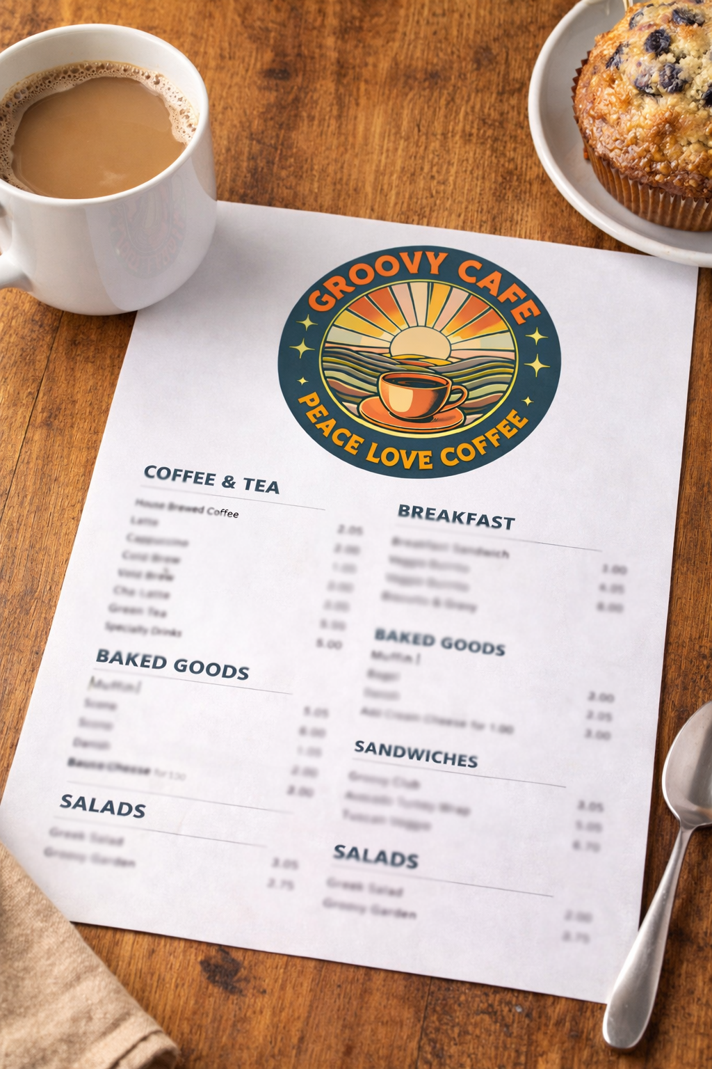 Groovy Cafe menu with coffee and muffin on a wooden table at the Groovy Cafe in Indianapolis, Indiana.