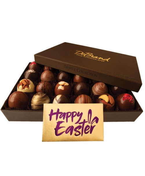 A black box of assorted chocolates with a "Happy Easter" note in front.