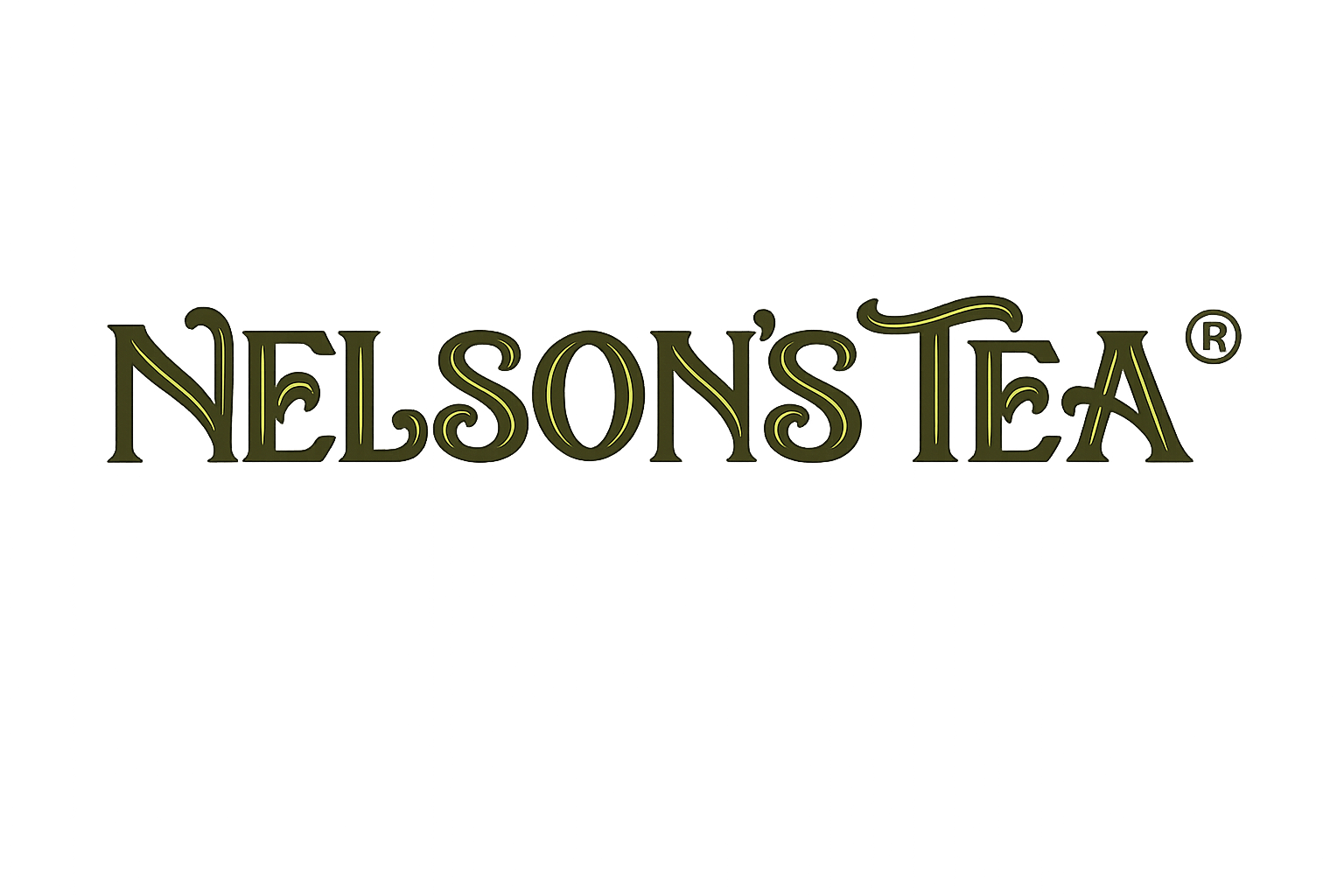 Nelson's Tea logo with stylized black text on a dark background.