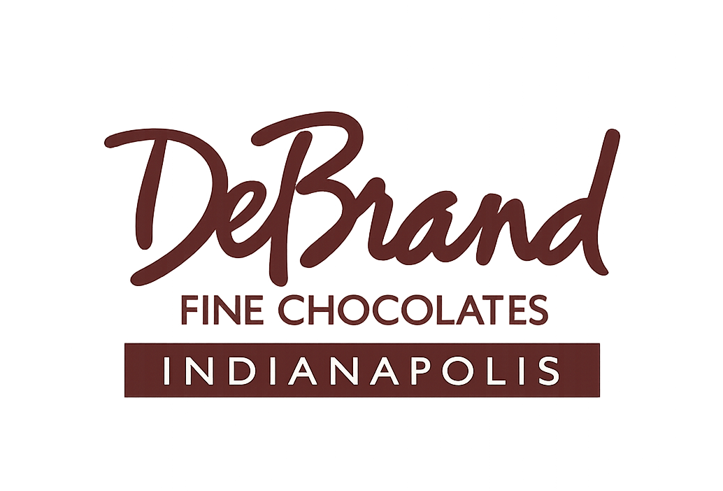 Logo for DeBrand Fine Chocolates in Indianapolis, featuring stylized text with a maroon color scheme.