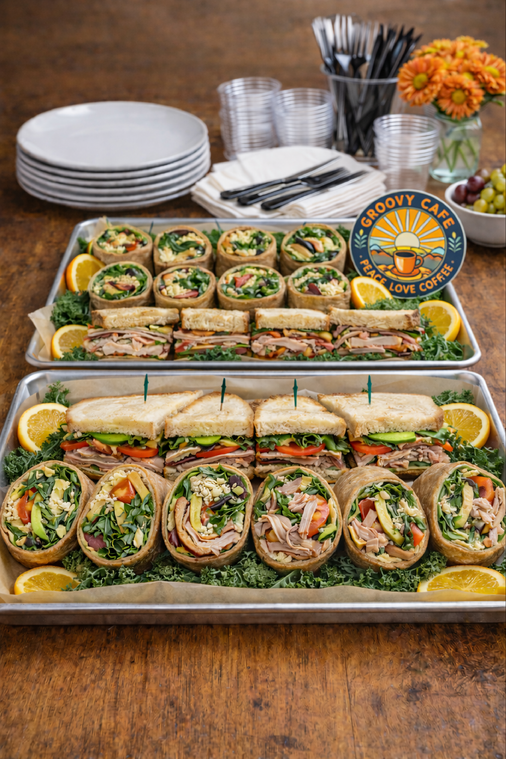 Groovy Cafe catering trays with wraps and sandwiches arranged for an event on a wooden table in Indianapolis, Indiana.