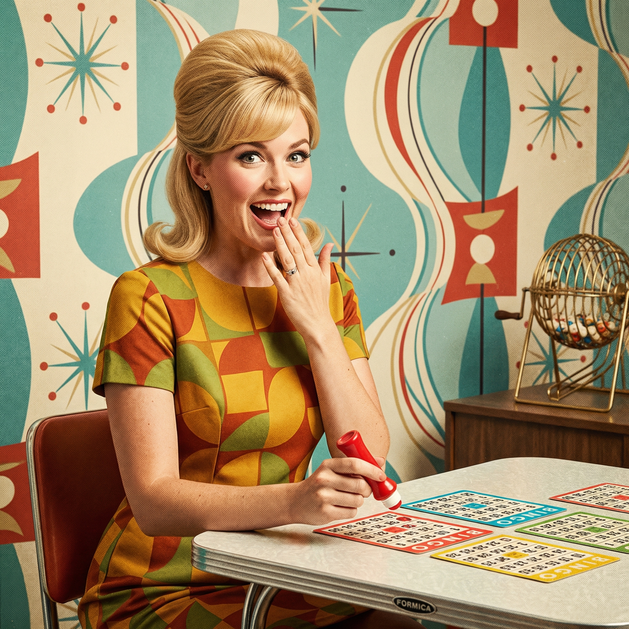 A woman with vintage 1960s style hair and a colorful geometric dress sitting at a table, playing bingo, with a surprised and happy expression on her face, holding a red bingo marker, with bingo cards on the table and a retro patterned wallpaper background.