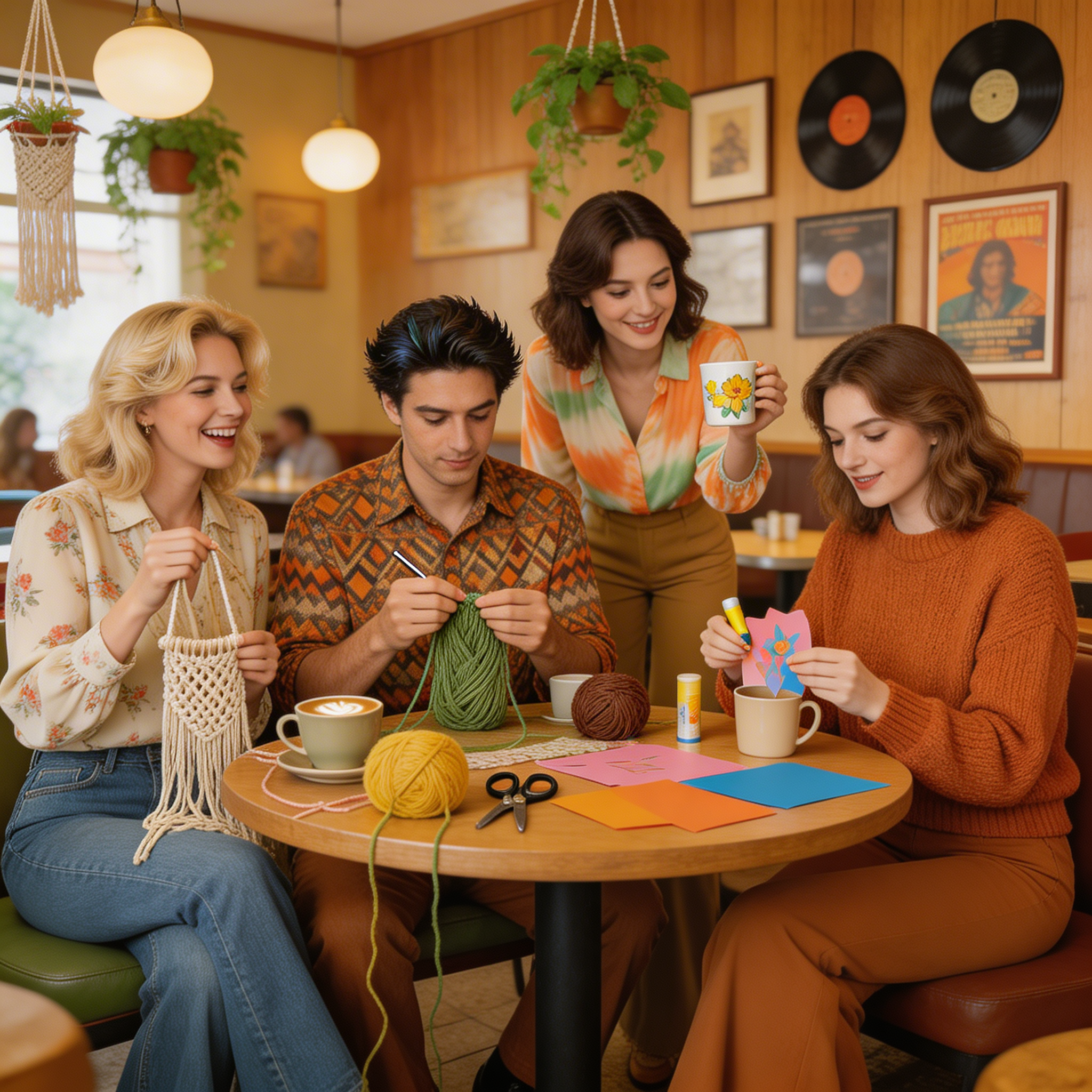Four young adults, three women and one man, sitting at a wooden table in a cozy cafe, making craft projects with yarn, paper, and glue, with coffee mugs, scissors, and craft supplies on the table, with vintage decor and records on the wall.