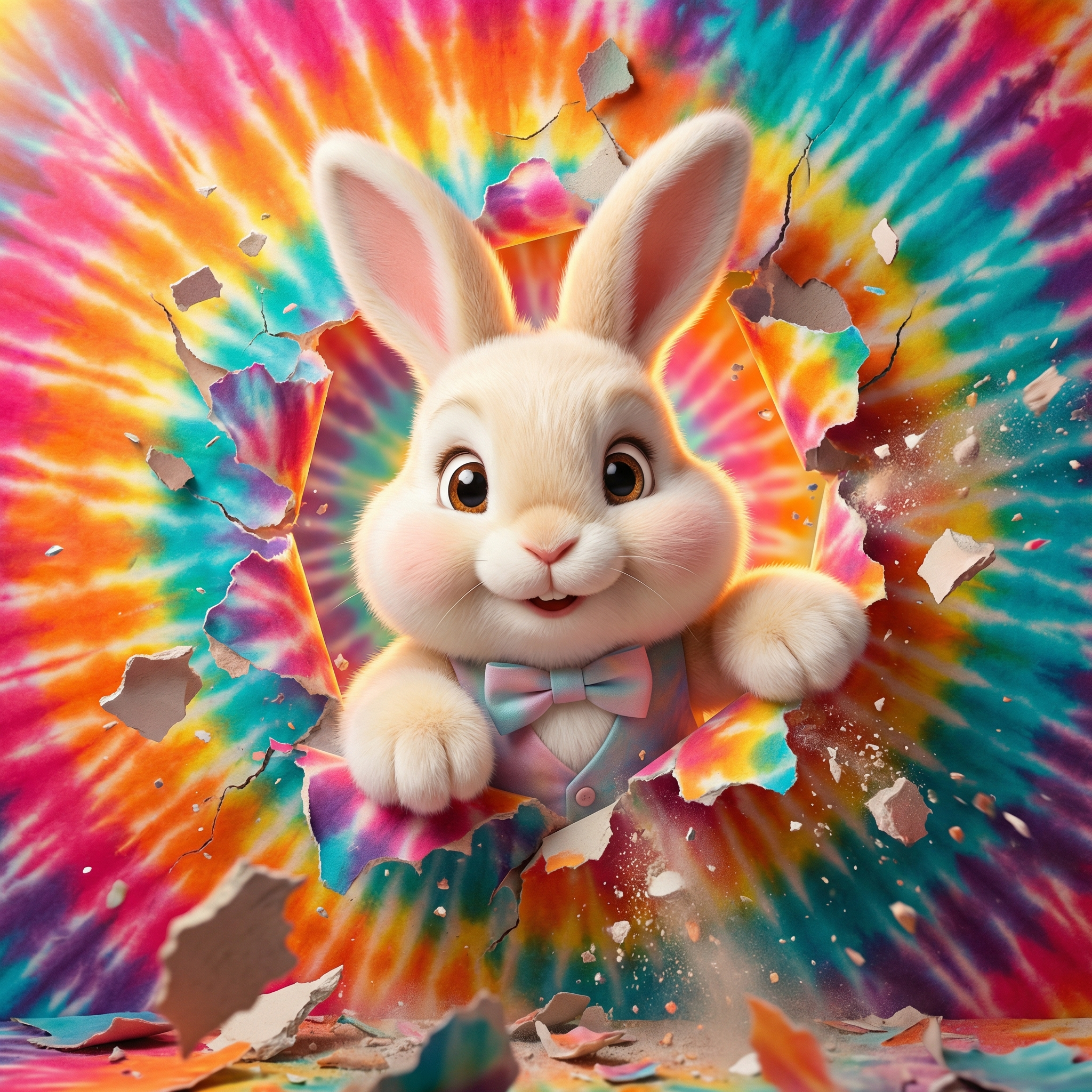 A cute animated bunny wearing a bow tie and vest, breaking through a colorful tie-dye patterned paper background, with fragments flying around.