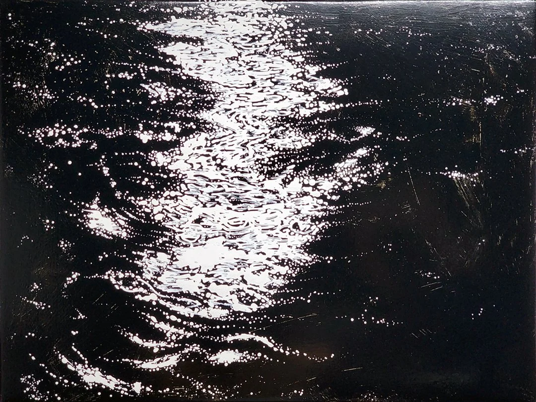 Shimmering Moonlight, A Quiet Night at the Lake, 30x40x2 inches, Enamel on wood panel