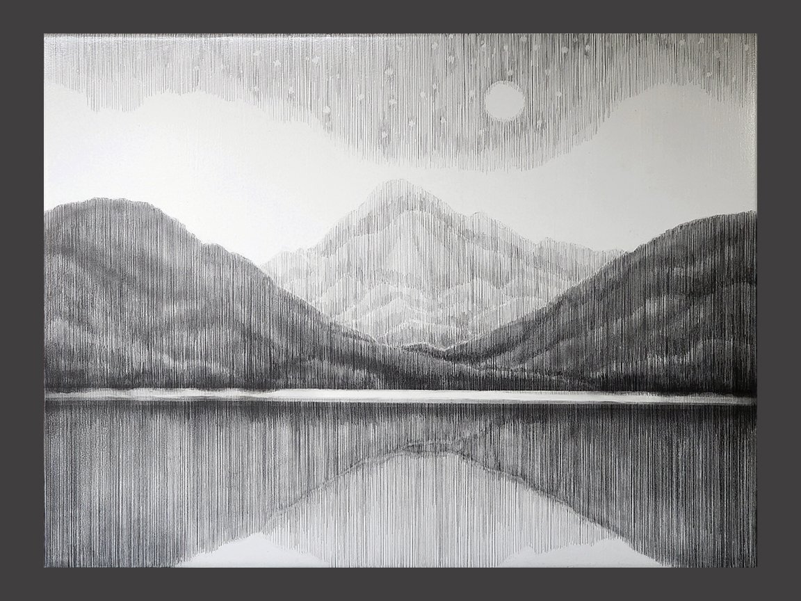 On A Quiet Night at the Lake, acrylic, Graphite and Varnish on wood panel, 30x40x2