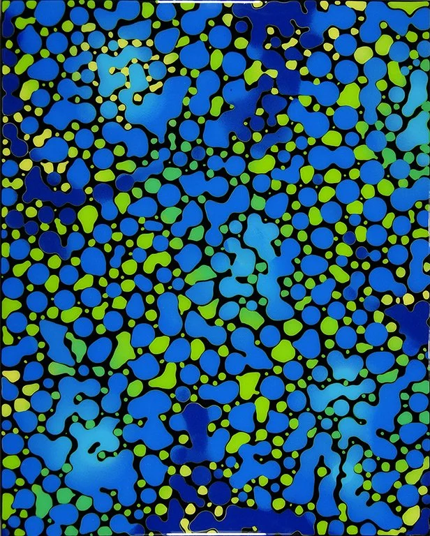 Proliferating #5127, (Teal-Blue-Green-Black), 30x24in, mixed media on wood panel