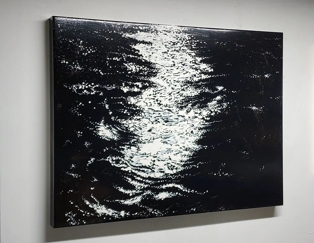 Shimmering Moonlight, A Quiet Night at the Lake, 30x40x2 inches, Enamel on wood panel