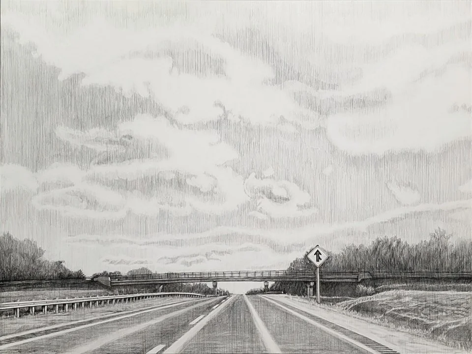 3,105 Miles Road Trip, Acrylic, graphite + varnish on wood panel, 36x48x2