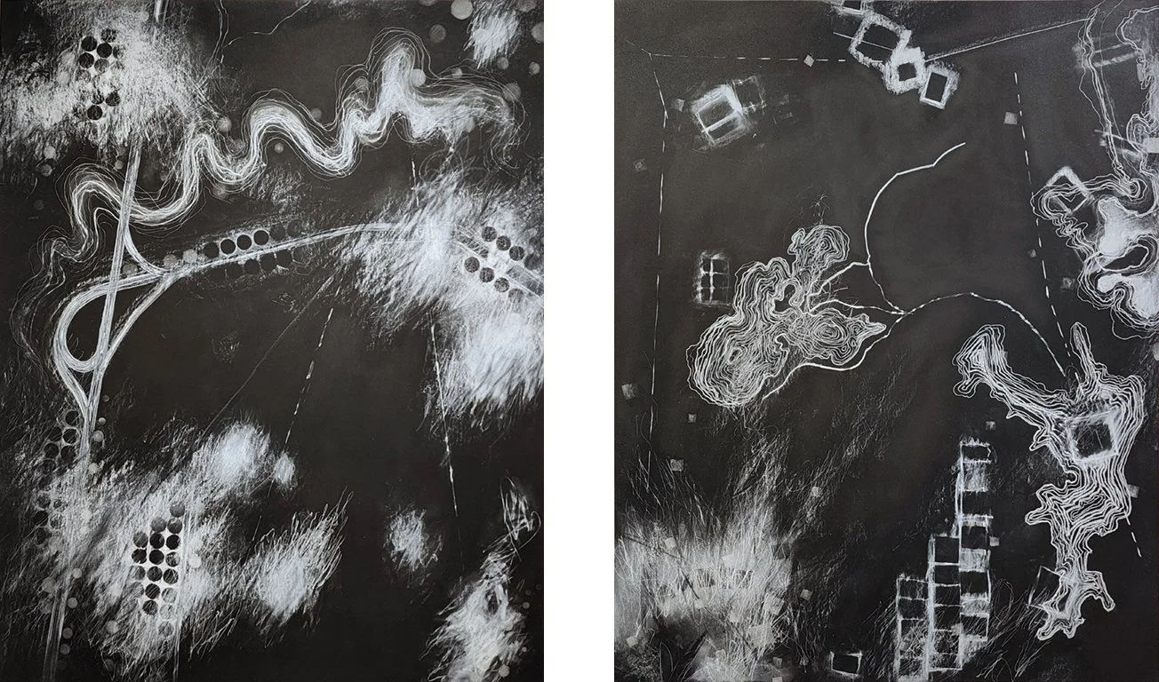 Mapping the Mindscape #1585 + #1613, drawing on 1/8in archival art board, 40 x 32 in each