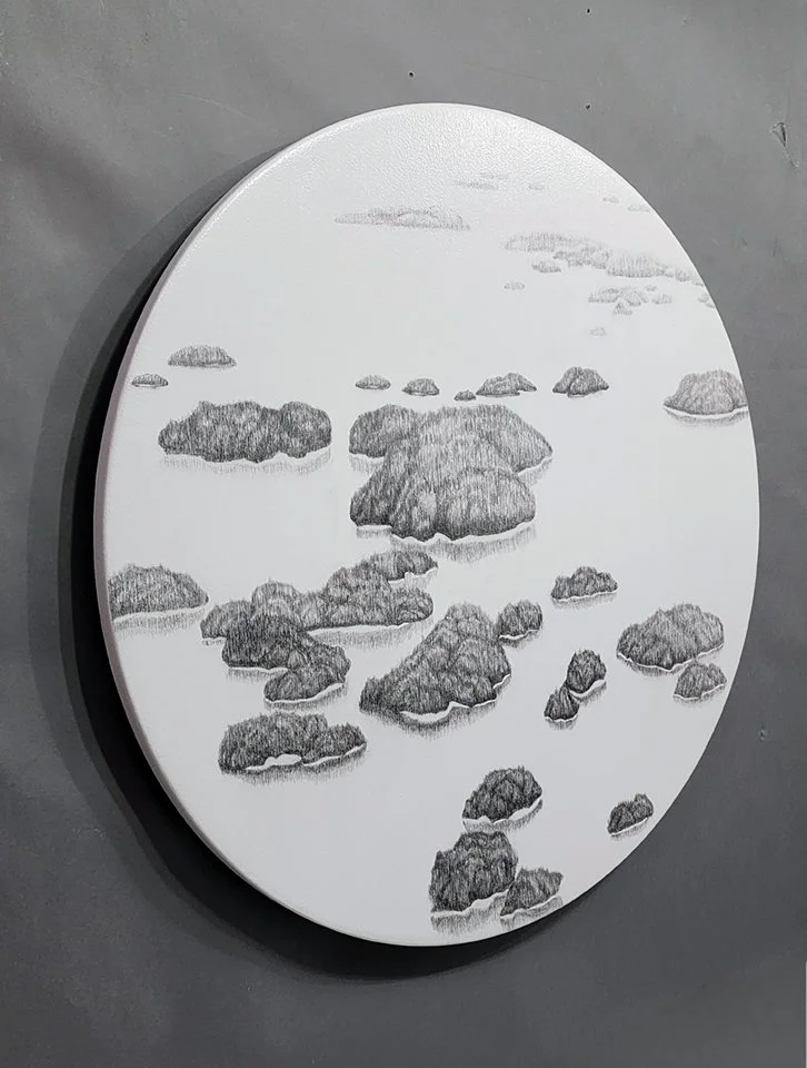 That Must be The Place, Graphite, Acrylic & Varnish on Wood Panel, 30" diameter x 1.5"