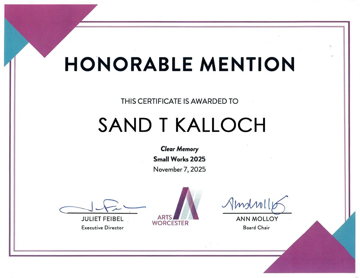 Received Honorable Mention Award from ArtsWorcester, Nov 7, 2025