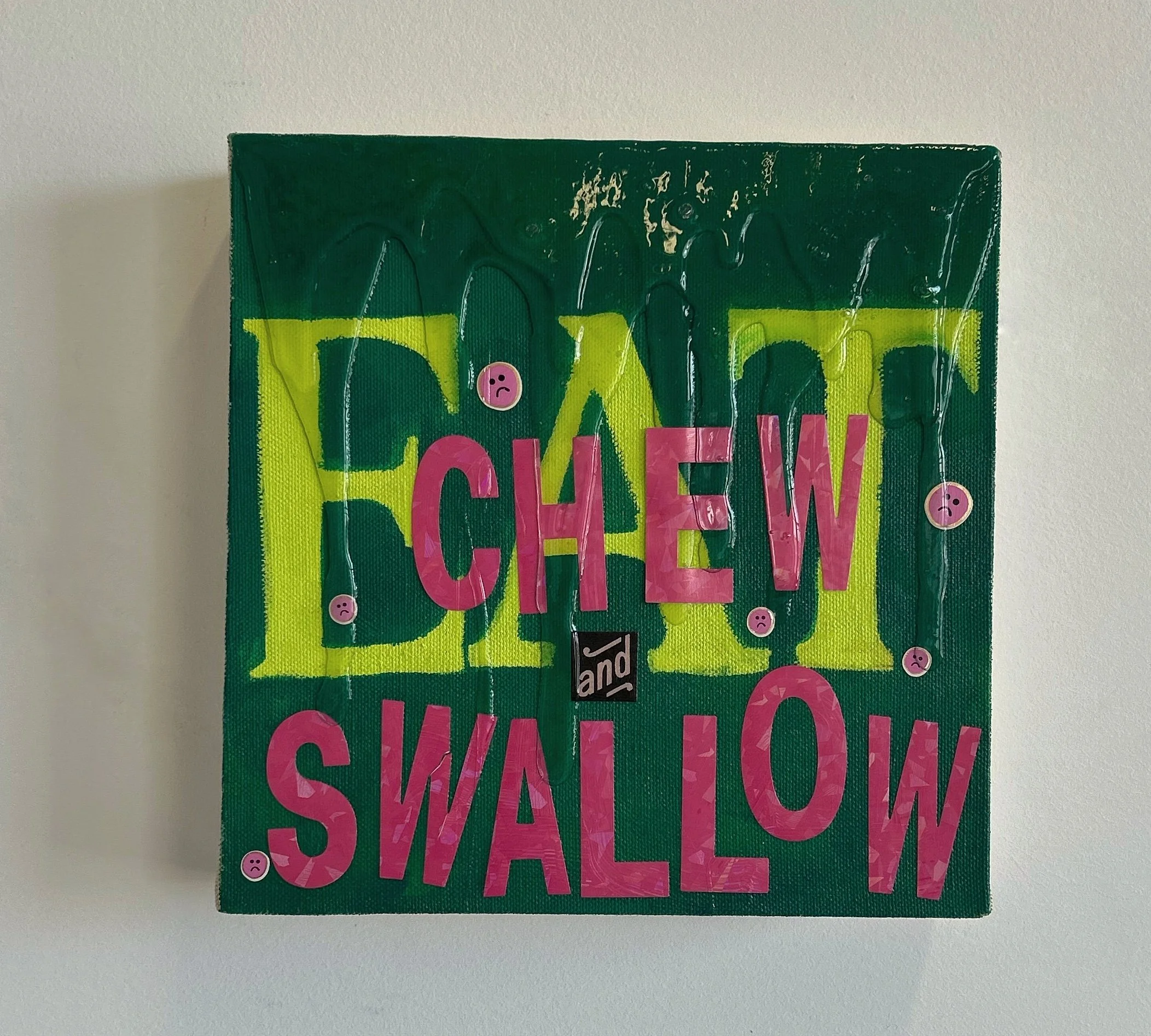 SHALLOW AND QUIET POOLS OF DROOL, stickers, gouache, and acrylic on canvas, 2025