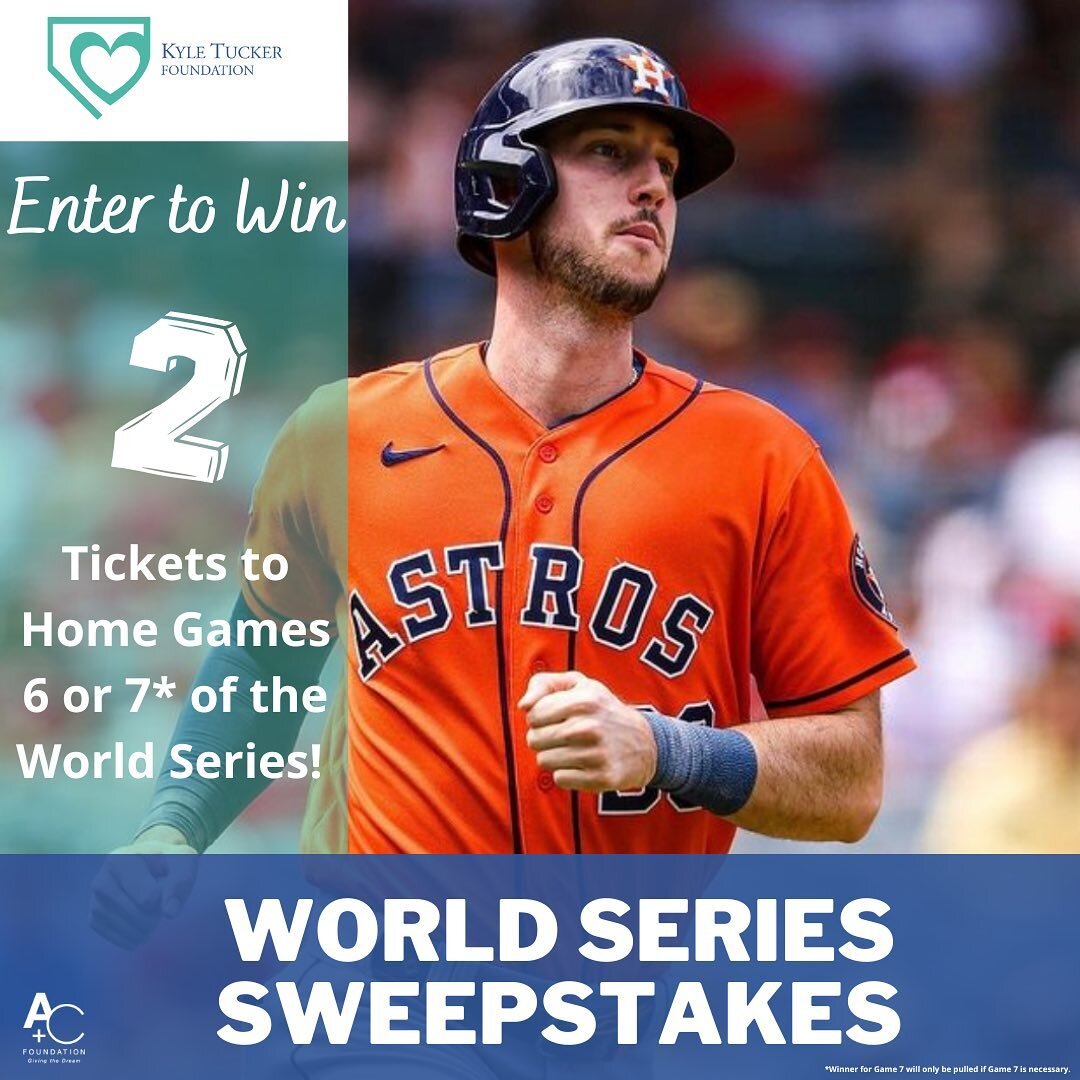 Want to go to the World Series?! YOU HAVE ANOTHER CHANCE TO WIN! 

Join our sweepstakes and enter to win two tickets to Home games 6 or 7* against Philadelphia in the WORLD SERIES!? 

HERE&rsquo;S HOW:

🔵Follow @ktuck_30 and @kyletuckerfoundation, a