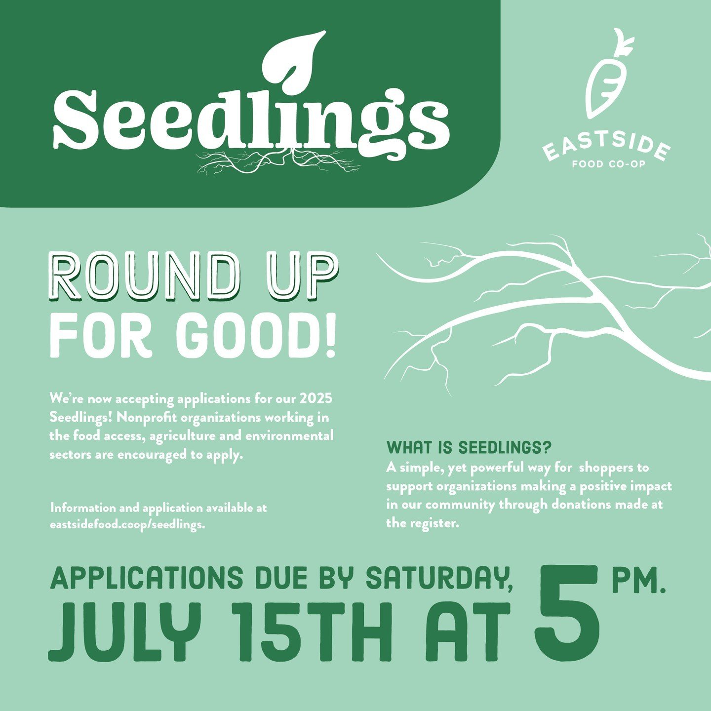 🌱 Applications are now open for our 2025 Seedlings program! 🌱
 
🌷 Eastside Food Co-op&rsquo;s Seedlings program makes it simple for shoppers to support organizations making a positive impact in our community. Shoppers make small donations at the r