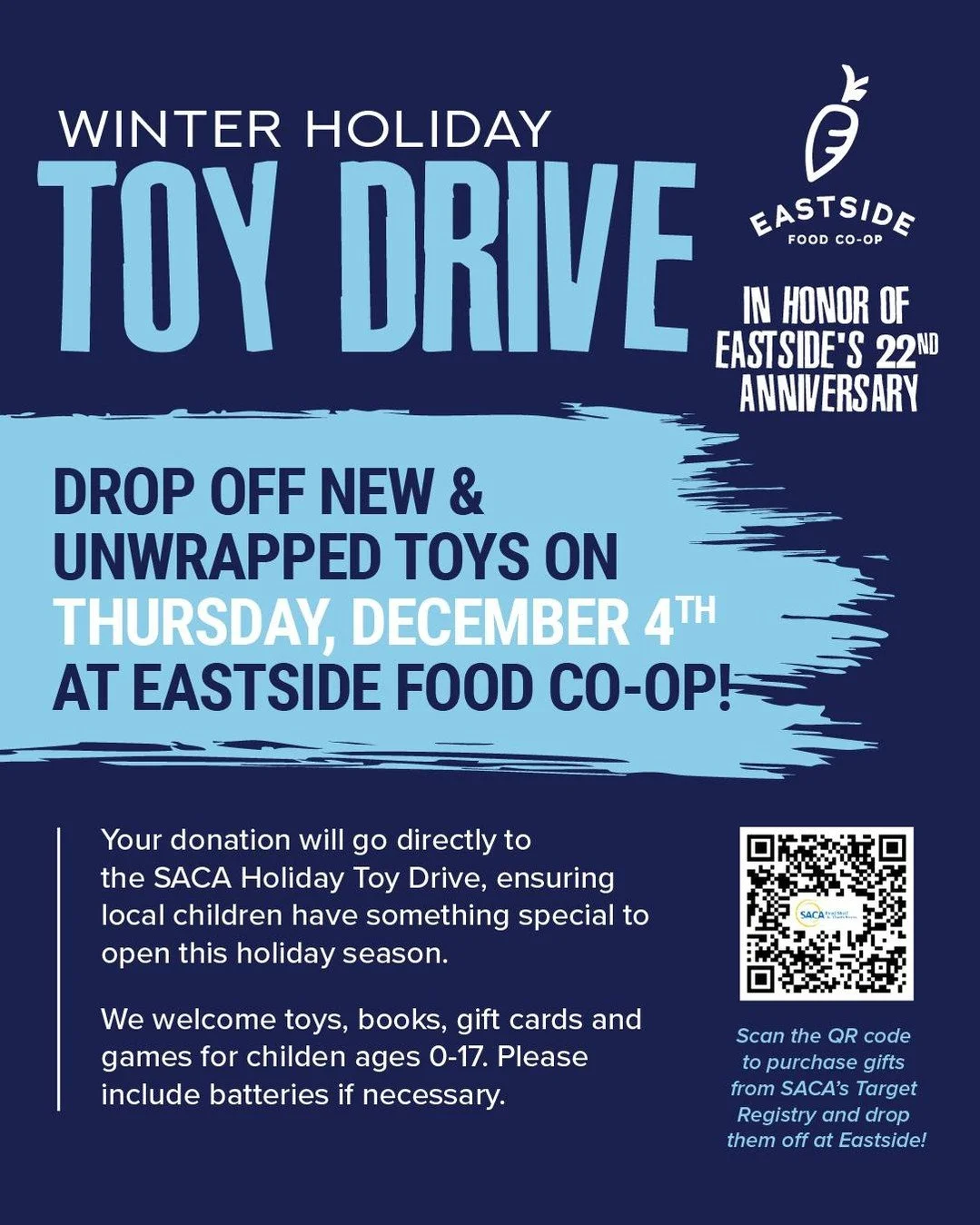 On Thursday, December 4th, we're celebrating 22 years since Eastside first opened its doors, and we&rsquo;re marking the occasion by giving back to the community we love! 

We&rsquo;re partnering with SACA Food Shelf to spread some holiday cheer to c