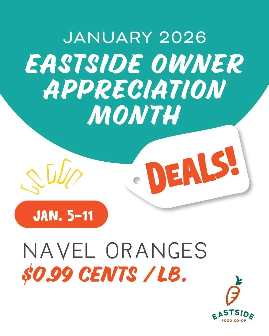 January is Owner Appreciation Month at Eastside Food Co-op!
We are so excited to celebrate YOU, our amazing owners, with exclusive deals to show our gratitude for your support! 💚
As a thank you for being part of our co-op community, enjoy these spec
