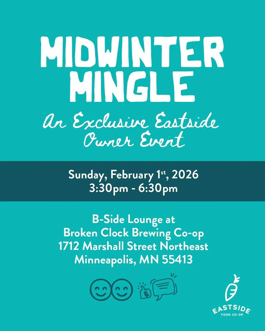 Sip, savor, and socialize with your fellow co-op owners! Empty heading

Join us for fun and fellowship at the B-Side Lounge in Broken Clock Brewing Cooperative!

Mark your calendars for Sunday, February 1st because Eastside is hosting a special gathe