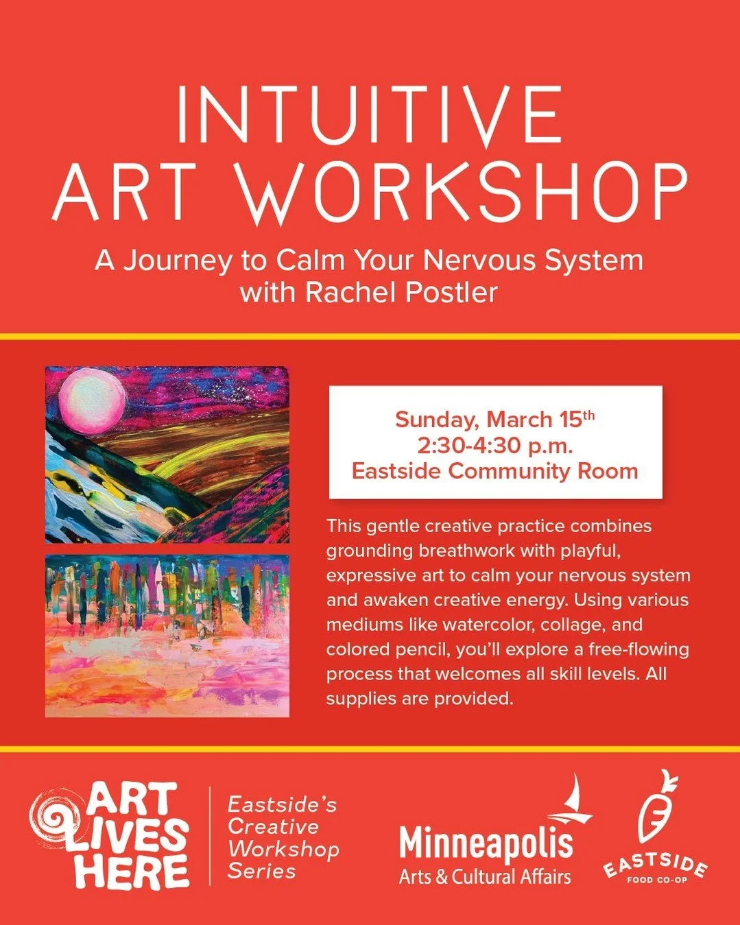 You&rsquo;re invited to slow down, breathe, and reconnect with your creative spirit. This gentle, guided art experience begins with grounding breathwork to calm the nervous system, then flows into playful, intuitive art-making using watercolors, coll