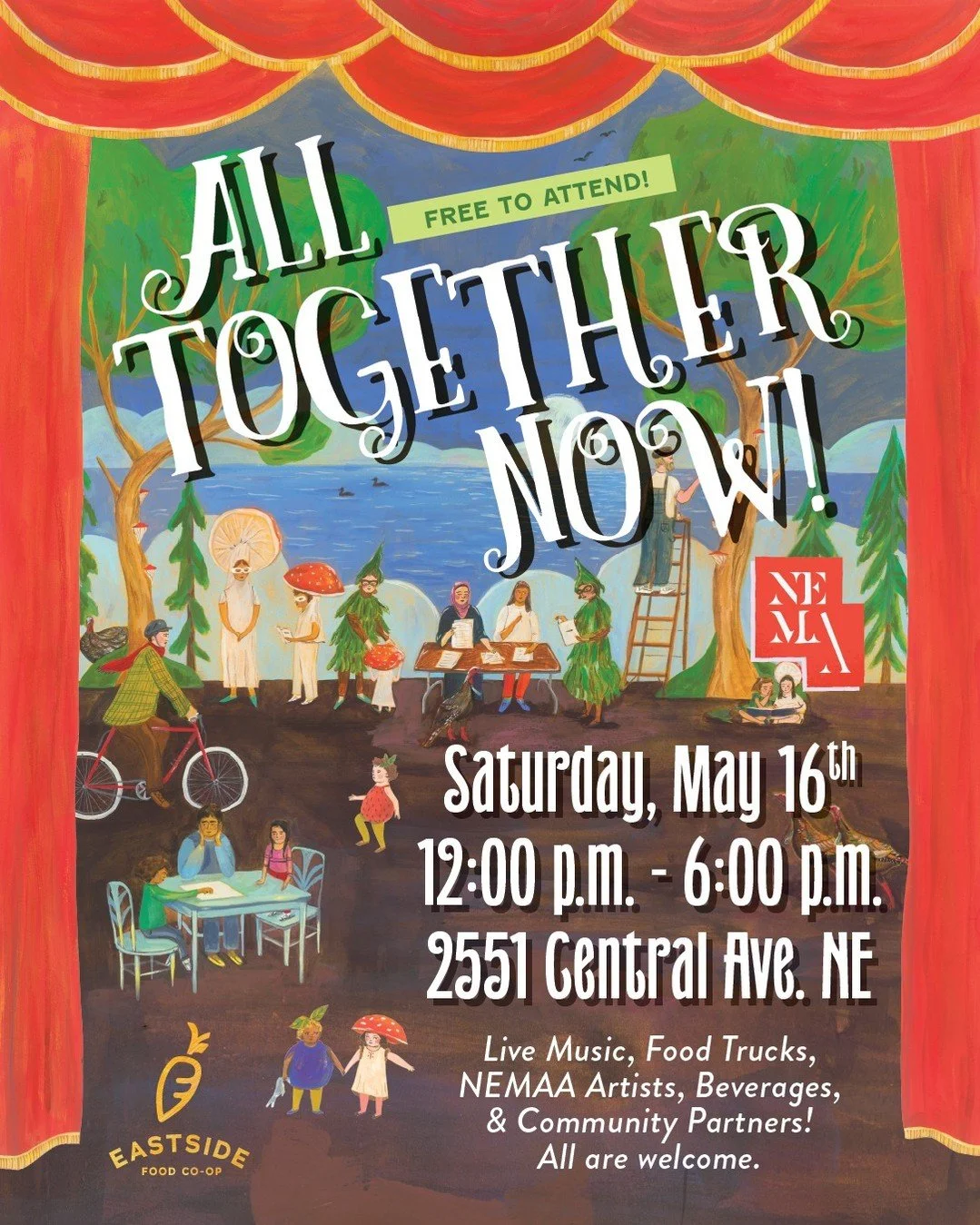 Join us for our 5th Annual ALL TOGETHER NOW!: Eastside During Art-A-Whirl&reg; event. 

On Saturday, May 16th, from 12&ndash;6pm, we invite you to join us for a free evening of music, art, food, beverages, and more!

Artist-vendors, bands, food vendo