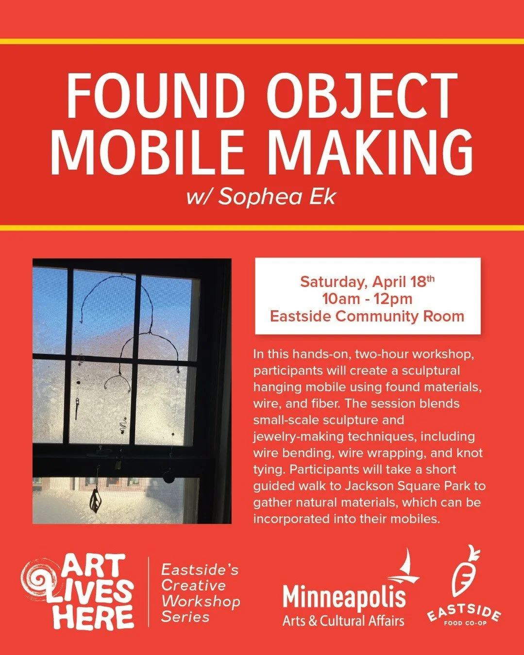 In this 2-hour workshop, mixed media artist Sophea will guide you on a short walk to forage for materials to incorporate into your piece, and then will guide you through the process of building a sculptural hanging mobile using wire, fiber, and found