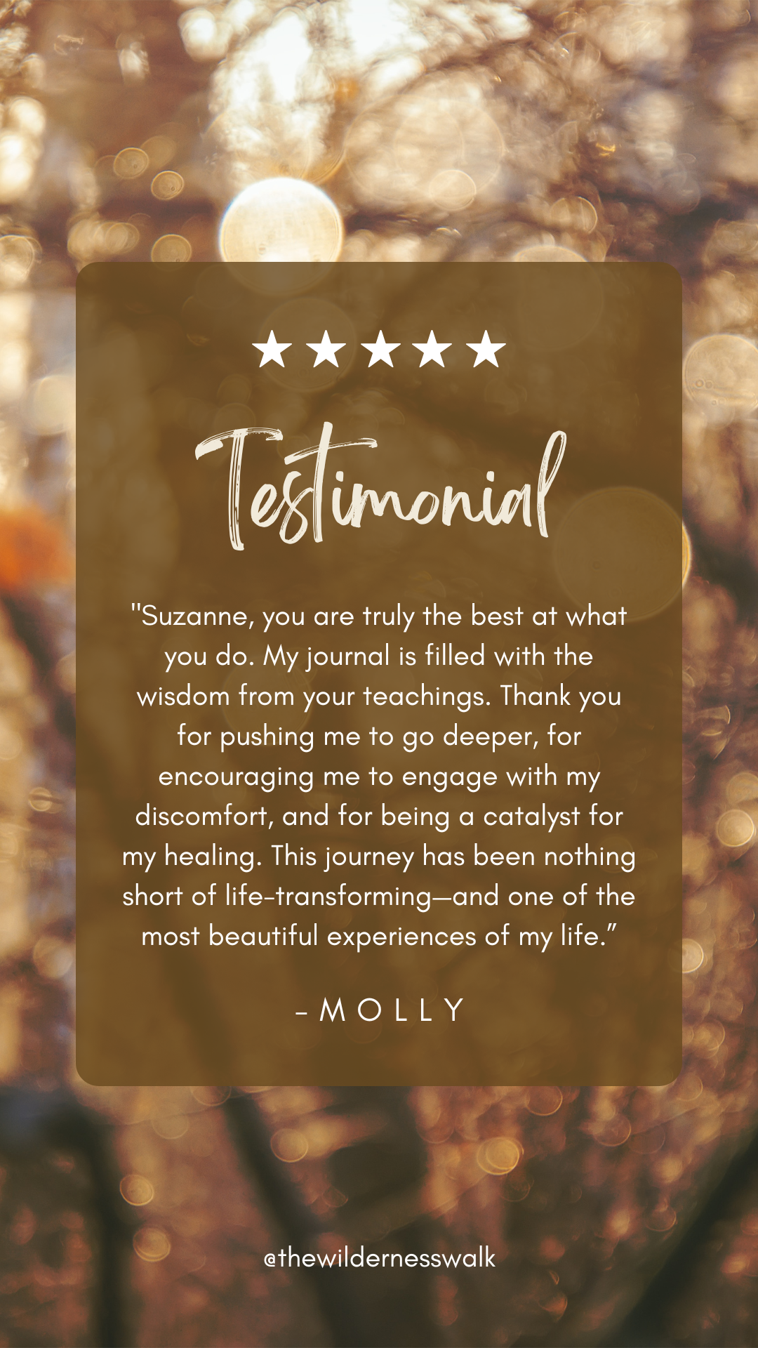 A testimonial graphic with a blurred autumnal background featuring sunlight and bokeh effects. The text reads a five-star rating, the word "Testimonial" in cursive, and a quote praising Suzanne by Molly, along with her social media handle '@thewildernesswalk.'