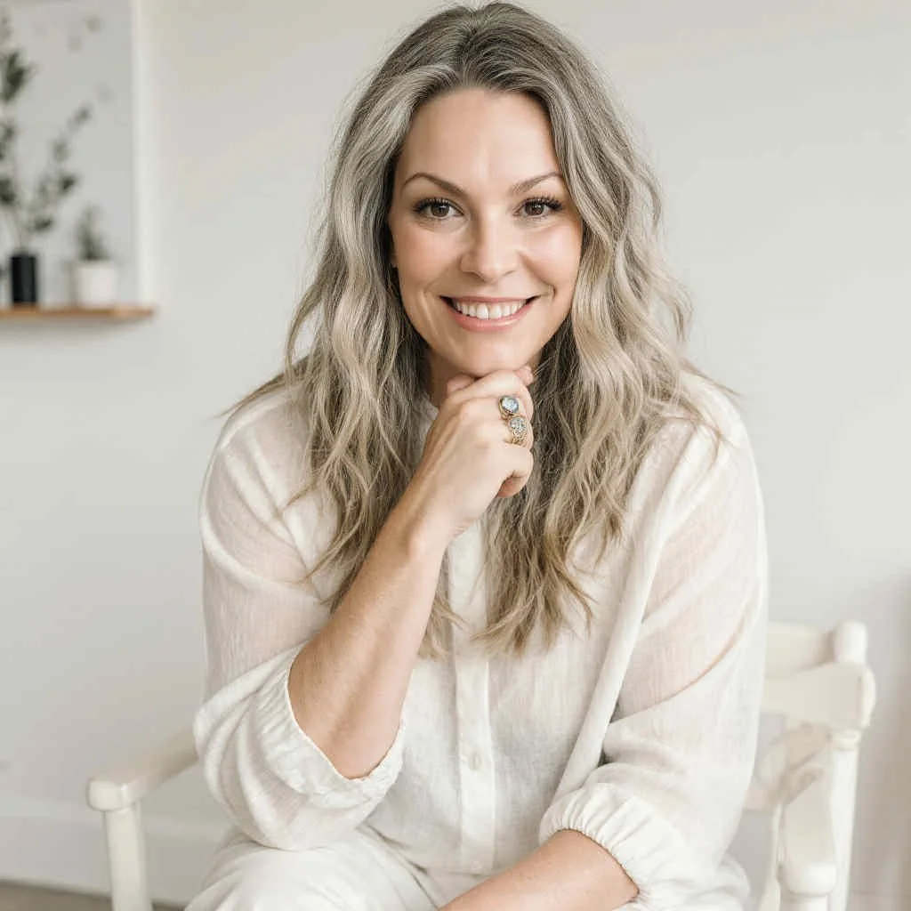 A smiling woman with long, wavy gray hair sitting on a white chair in a light-colored room, wearing a cream-colored blouse and rings on her fingers.