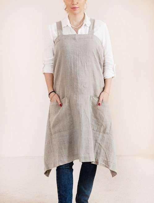 Cross back organic linen natural apron with pockets – kitchen or garden use