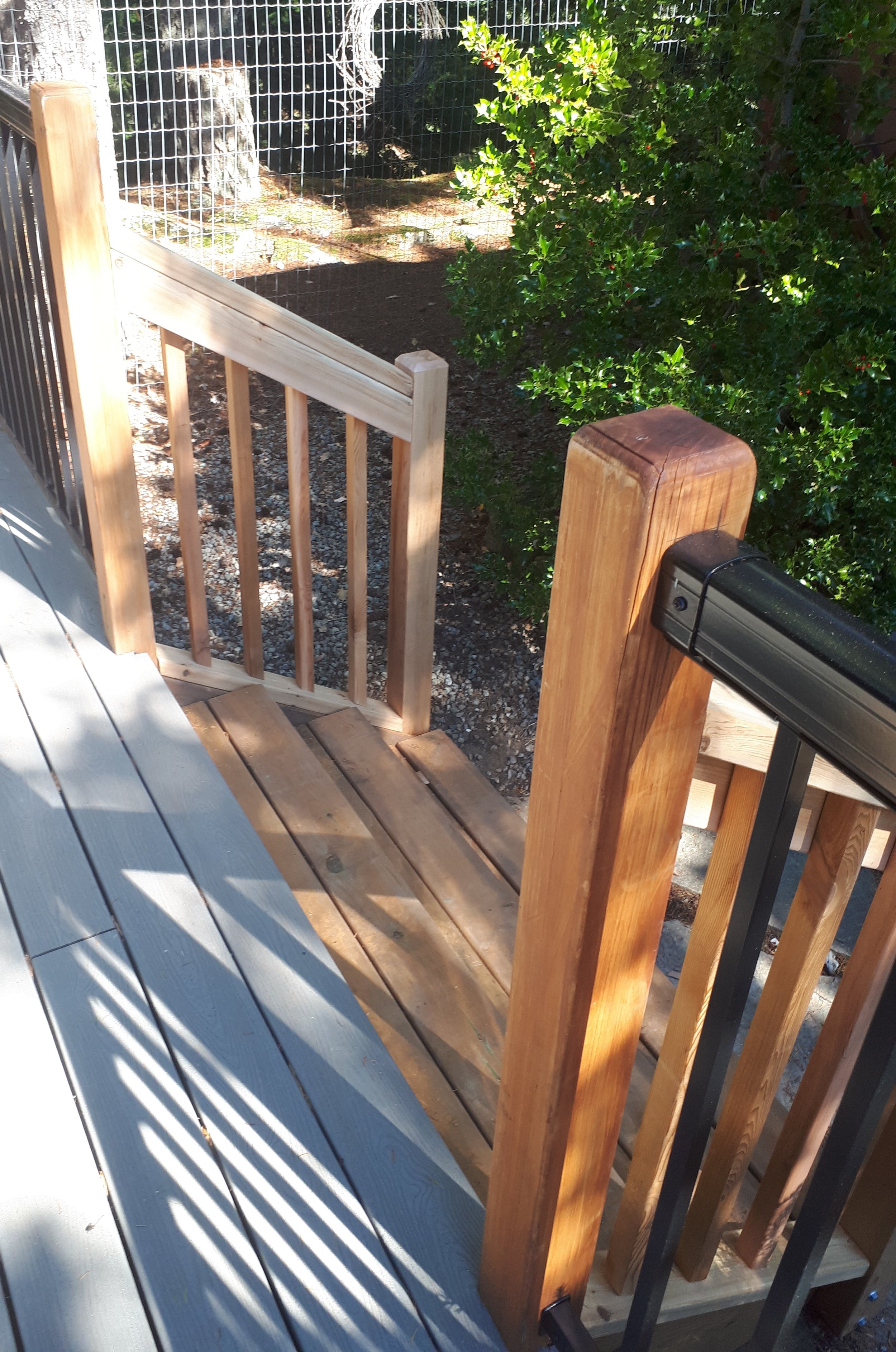 Cedar staircase connecting to aluminium railing