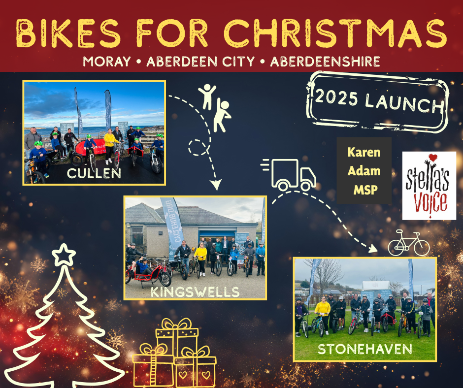 A festive poster titled 'Bikes for Christmas' promoting a 2025 launch event at Moray, Aberdeen City, and Aberdeenshire. It features photos of three groups of people with bikes from Cullen, Kingswells, and Stonehaven, decorated with Christmas graphics, including a Christmas tree, presents, and snowflakes.
