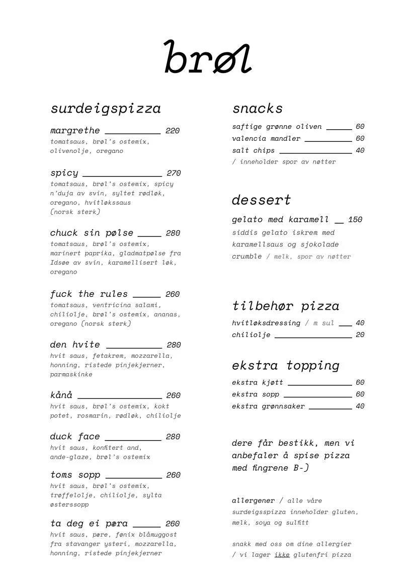brøl meny middag surdeig pizza salami sopp hvitløksdressing chili