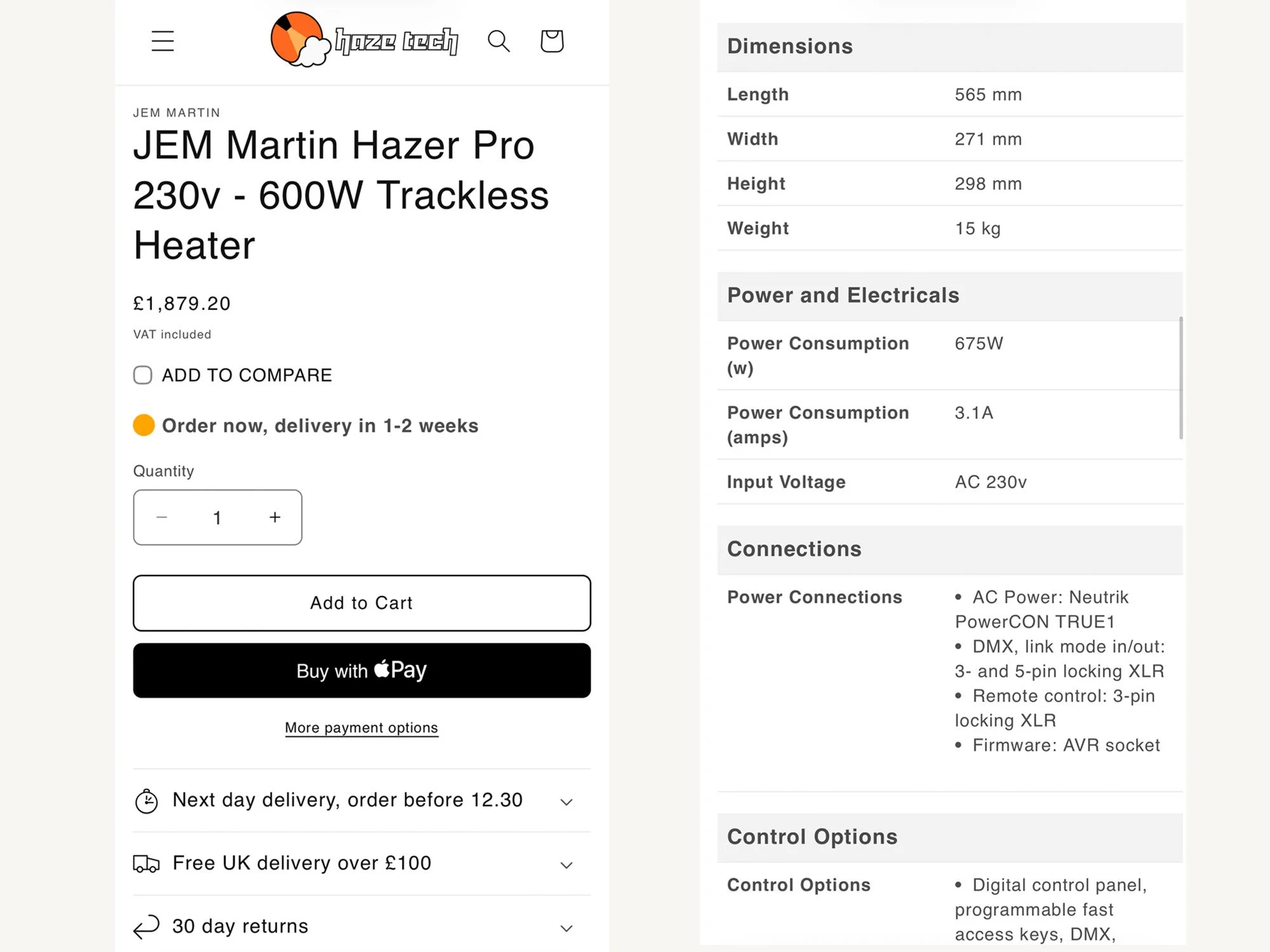 Product page and specification table on Hazetech Shopify site 