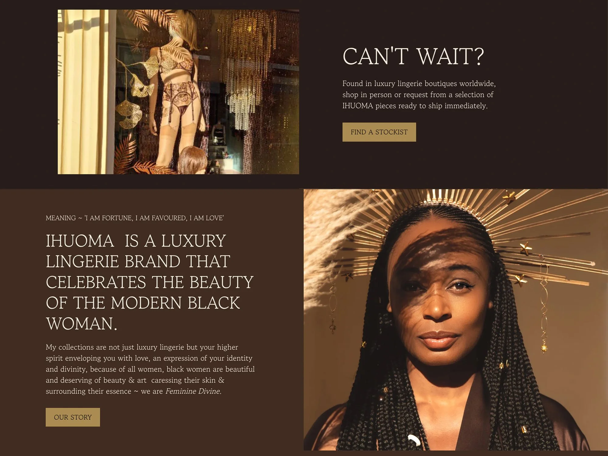 Desktop feature section highlighting brand story and stockists