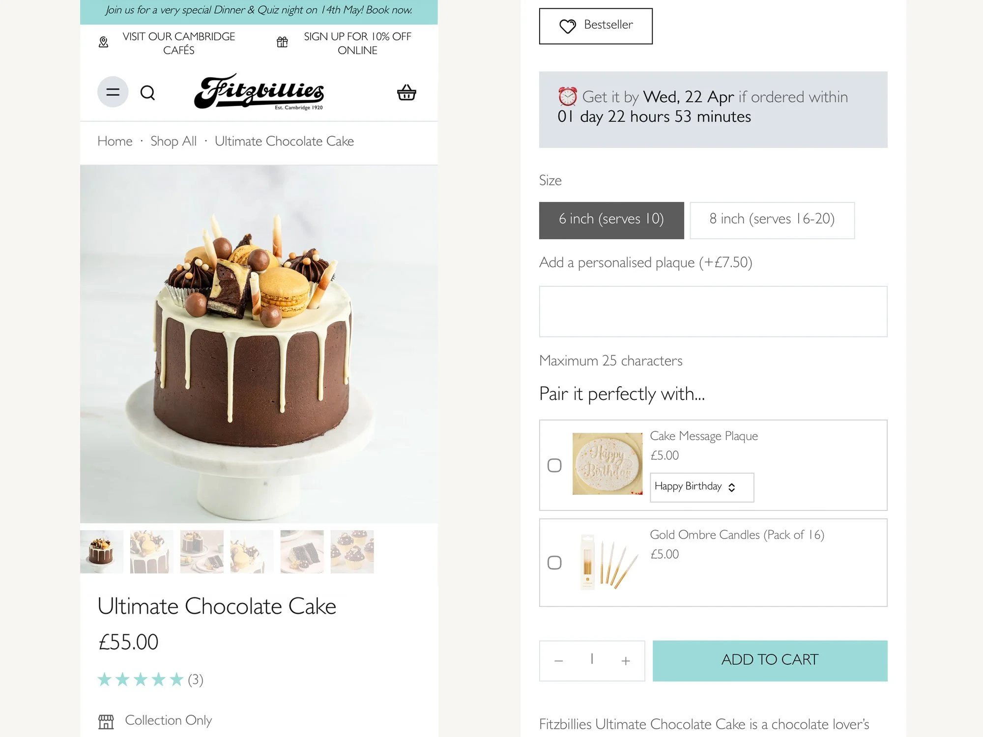 Example of cake product page, with add on items and delivery timer