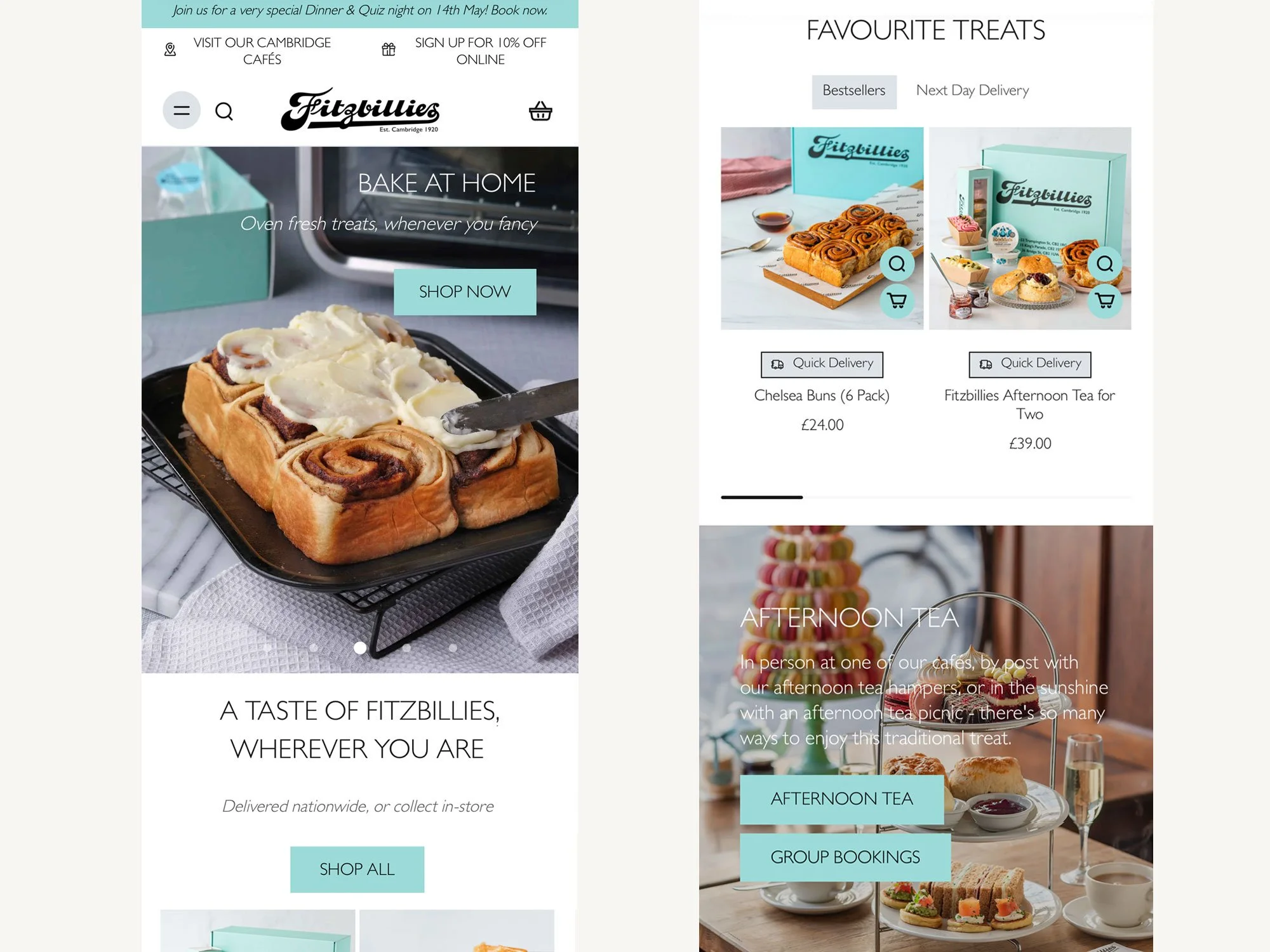 Examples of homepage with bestsellers collection and afternoon tea highlight
