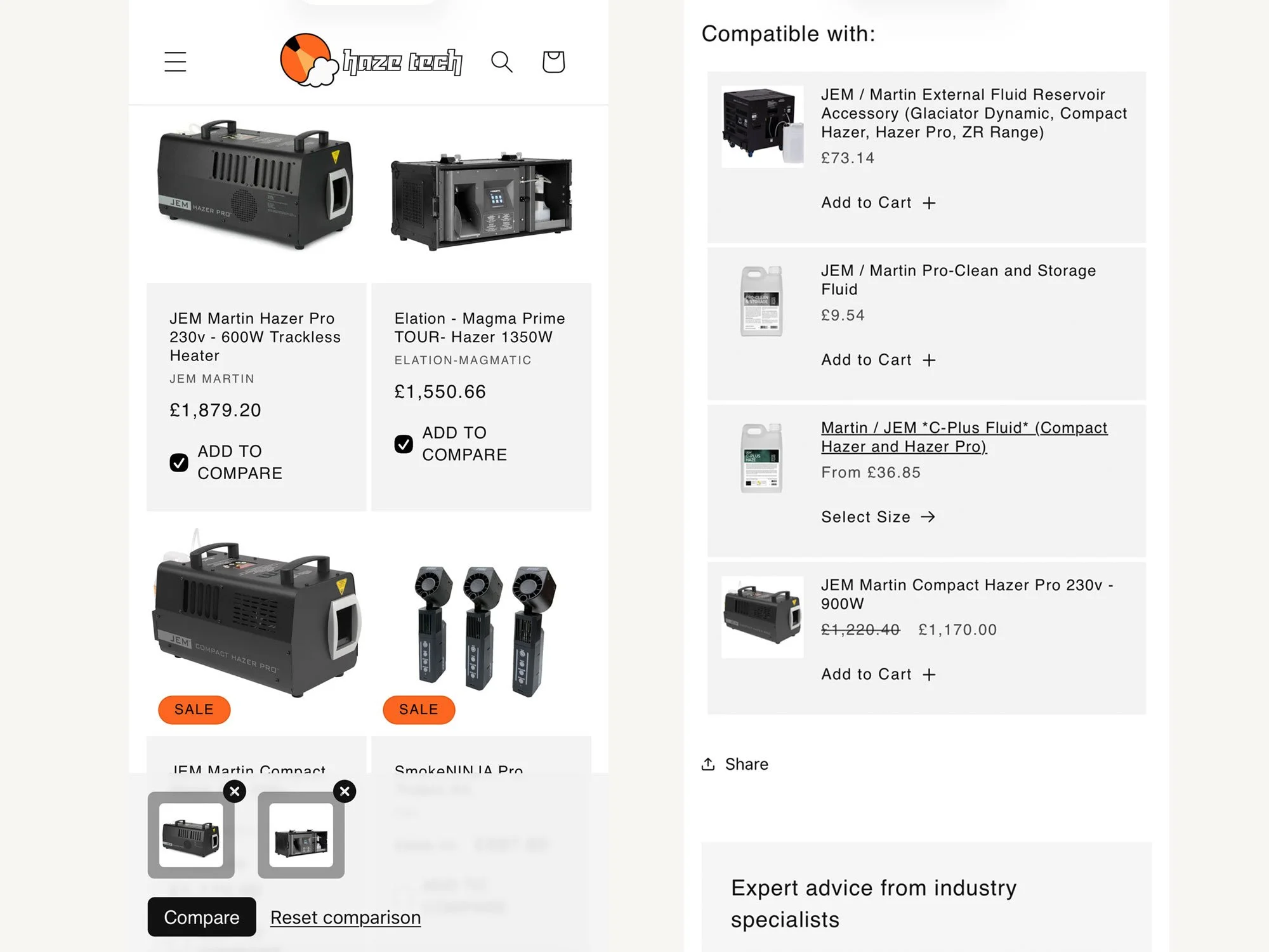 Hazetech Shopify site screenshots showing product comparison and compatible products sections