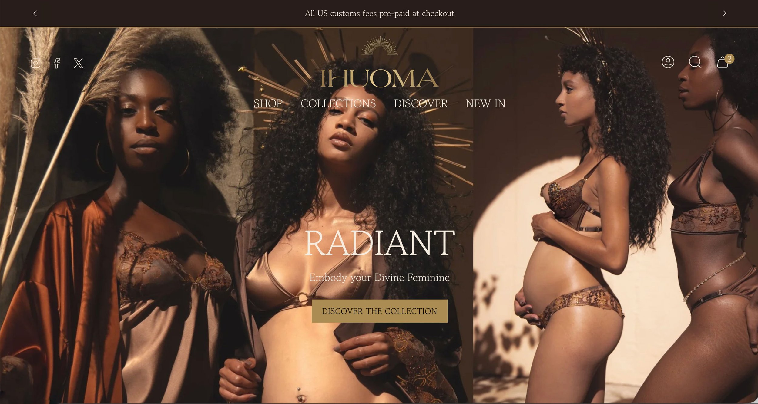 Homepage of Ihuoma site, with full size background image and transparent header
